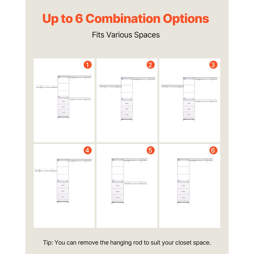 VEVOR Garderobenständer mit 3 Schubladen, verstellbarer Kleiderständer aus Holz, Kleiderschrankorganisation mit 3 ausziehbaren Kleiderstangen (575-1020 mm) Schranksystem für begehbare Garderoben