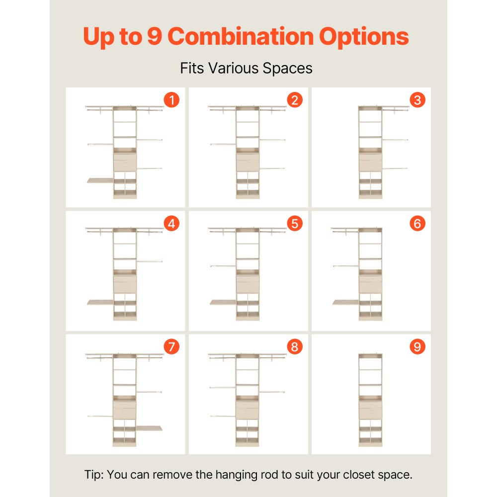 VEVOR Garderobenständer mit 2 Schubladen, verstellbarer Kleiderständer aus Holz, Kleiderschrankorganisation mit 5 ausziehbaren Kleiderstangen (46-81 cm) Schranksystem für begehbare Garderoben