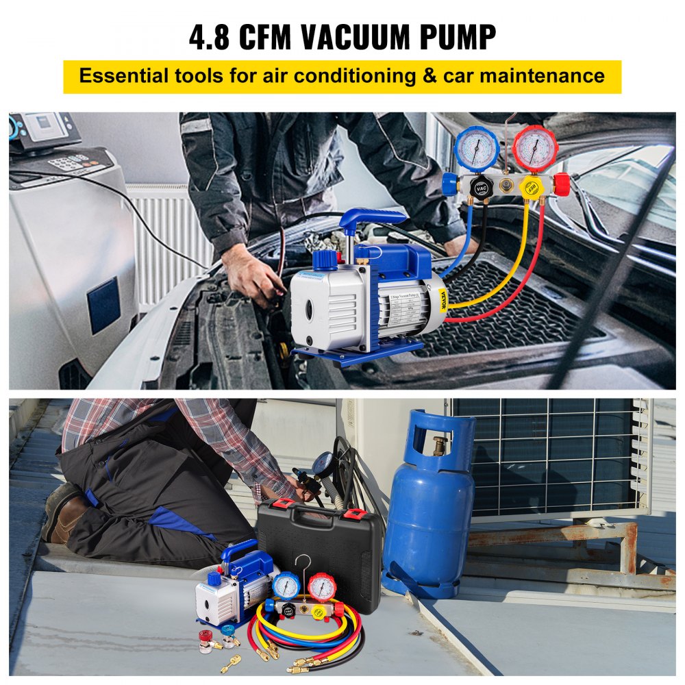 VEVOR Vakuumpumpe für Klimaanlagen, 136 l/min, Vakuumpumpe für Kältetechnik HVAC 1/3 HP mit 4-Wege-Manometer-Kit und Schlauch 1440 U/min Tragetasche für Autoklimaanlagen Kältetechnik