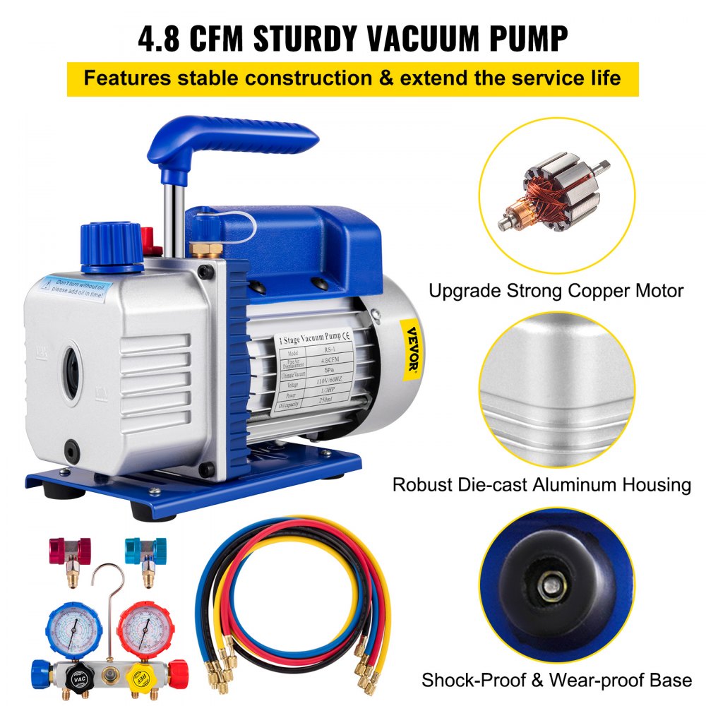 VEVOR Vakuumpumpe für Klimaanlagen, 136 l/min, Vakuumpumpe für Kältetechnik HVAC 1/3 HP mit 4-Wege-Manometer-Kit und Schlauch 1440 U/min Tragetasche für Autoklimaanlagen Kältetechnik