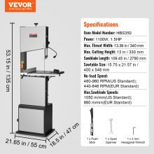 VEVOR Bandsäge Tischsäge Tischbandsäge 340mm 1100W 1,5PS 440–846U/min