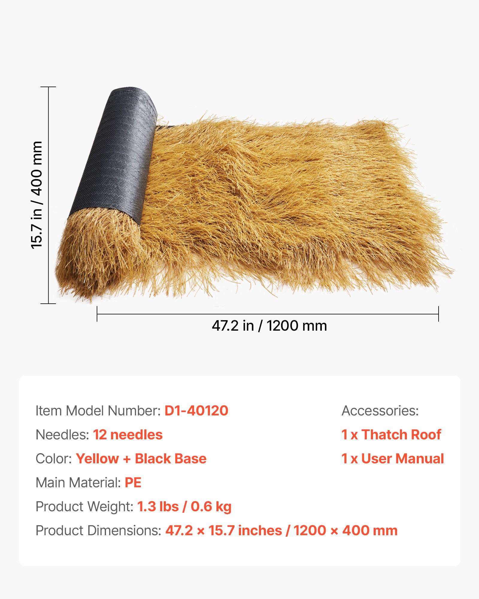 VEVOR Künstliches Strohdach, 40 x 120 cm, Synthetisches Strohgrasdach, Reetdachsimulation, Reetdachrolle, Palapa-Tiki-Dachmatte für Terrasse, Pool, Strand, tropische Hawaii-Partydekoration