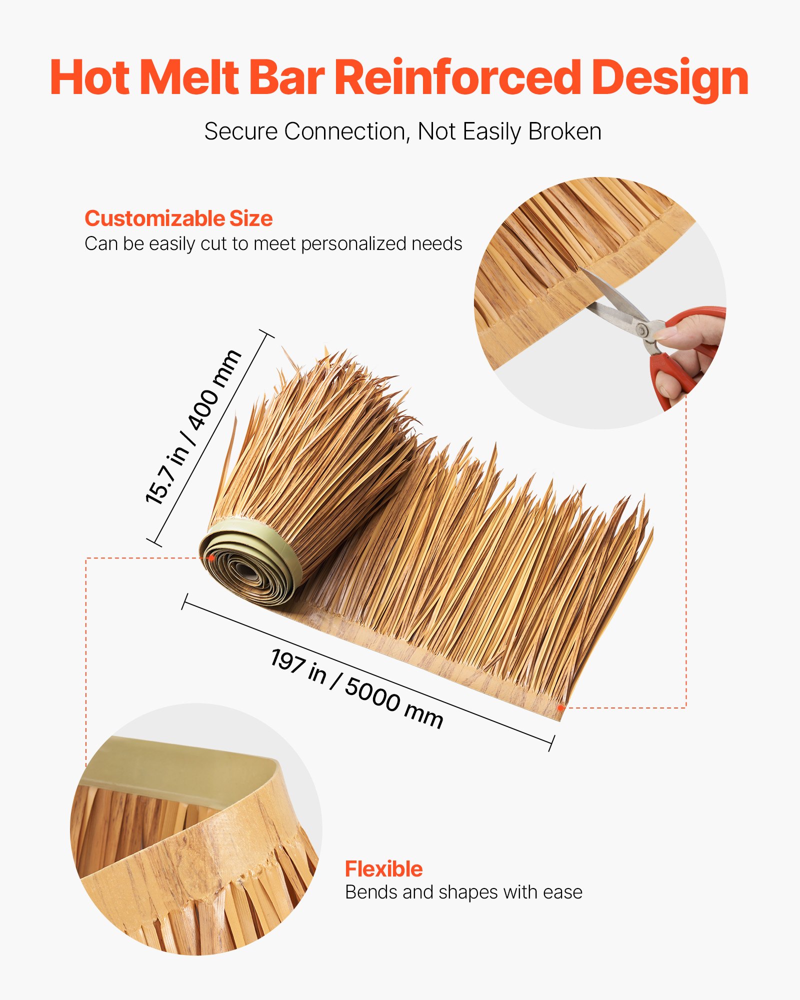 VEVOR Künstliches Strohdach, 500x40 cm, mexikanischer Stil, Strohdachrolle aus PE, Palmdach, Reetdach, Ideal für Terrassen-, Pool-, Strand-, Pavillon- und Hawaii-Party-Dekoration