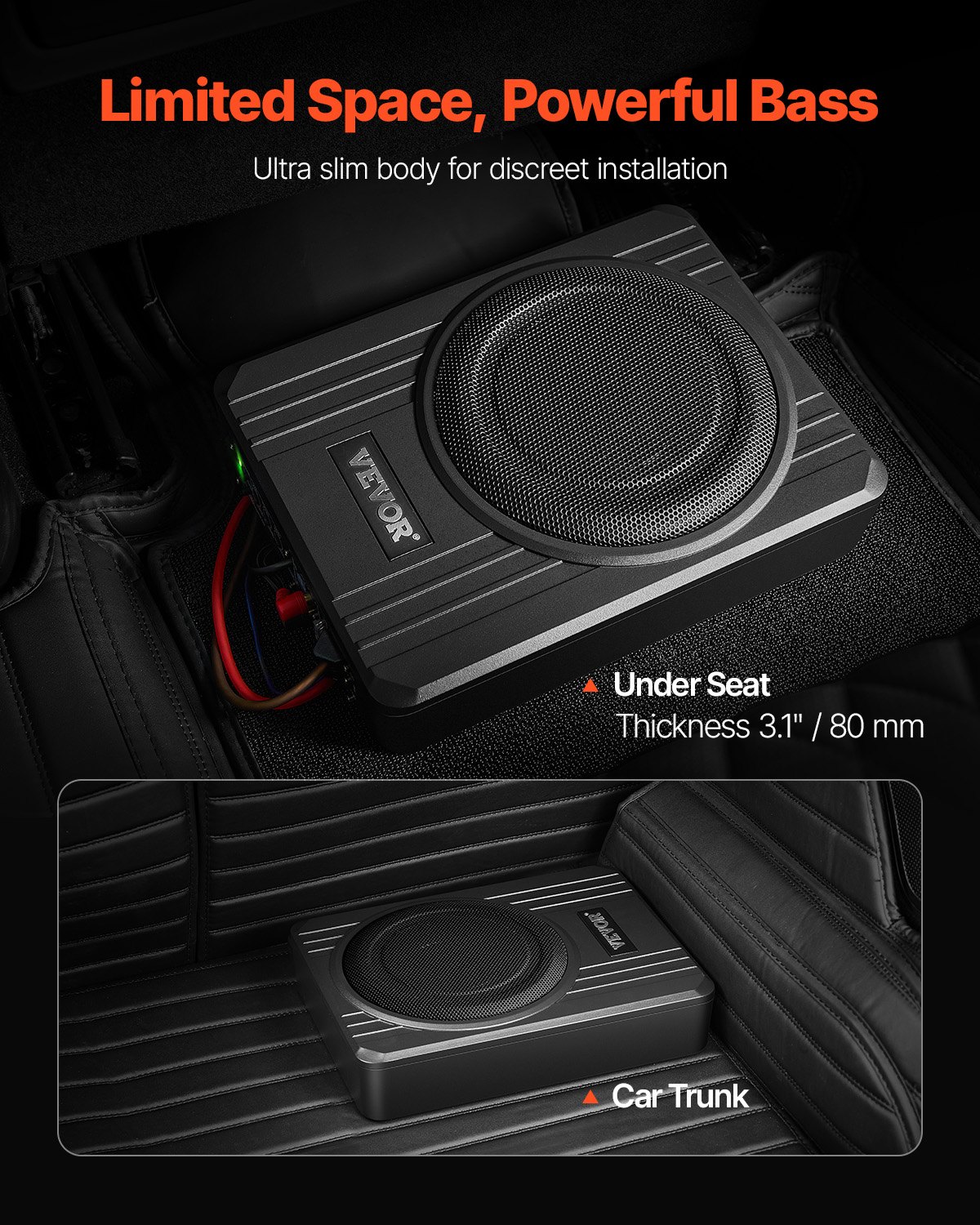 VEVOR Untersitz Auto Subwoofer 400 W 203 mm schlanker Auto Subwoofer mit Stromversorgung, Subsystem mit eingebautem Verstärker, Hoch-/Niedrigpegel-Eingang und Lautstärkeregler für SUVs Lkws