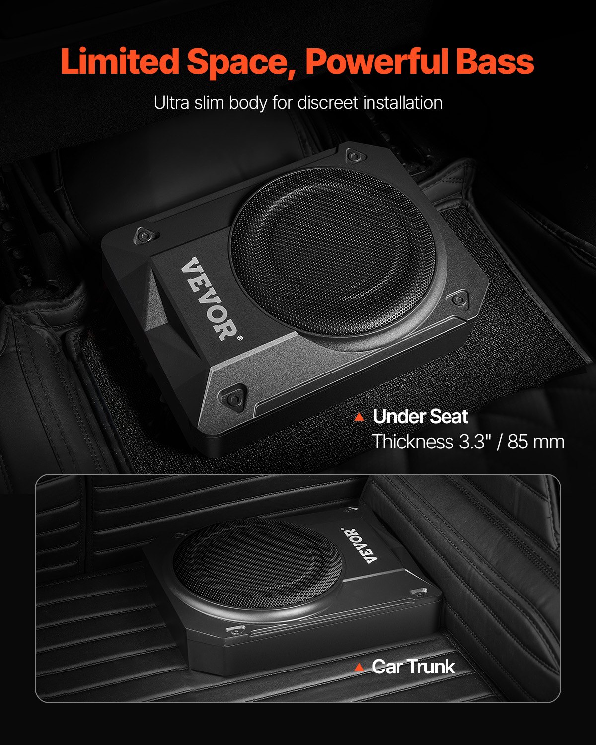 VEVOR Untersitz Auto Subwoofer 400 W 254 mm schlanker Auto Subwoofer mit Stromversorgung, Subsystem mit eingebautem Verstärker, Hoch-/Niedrigpegel-Eingang und Lautstärkeregler für SUVs Lkws