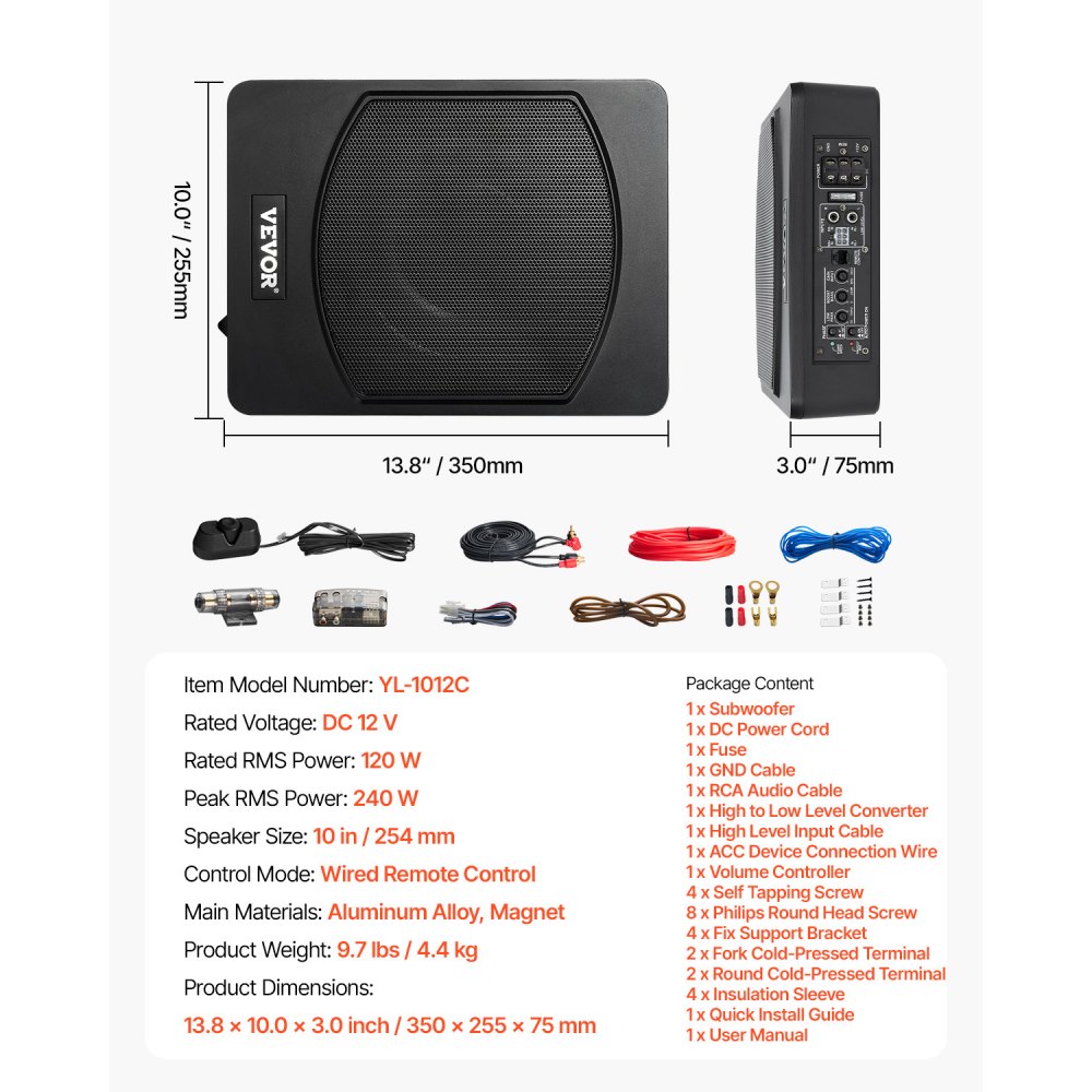 VEVOR Untersitz Auto Subwoofer 240 W 254 mm schlanker Auto Subwoofer unter dem Sitz Subsystem mit eingebautem Verstärker, Hoch-/Niedrigpegel-Eingang und Lautstärkeregler für SUVs Lkws