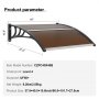VEVOR Front Door Canopy 965 x 1017 mm Roofing UF50+ PC Sun Protection Film Front Door Canopy PC Sheet + ABS Bracket + Aluminum Connectors Lean-to Canopy UV-Resistant Front Door Roof Lean-to Canopy