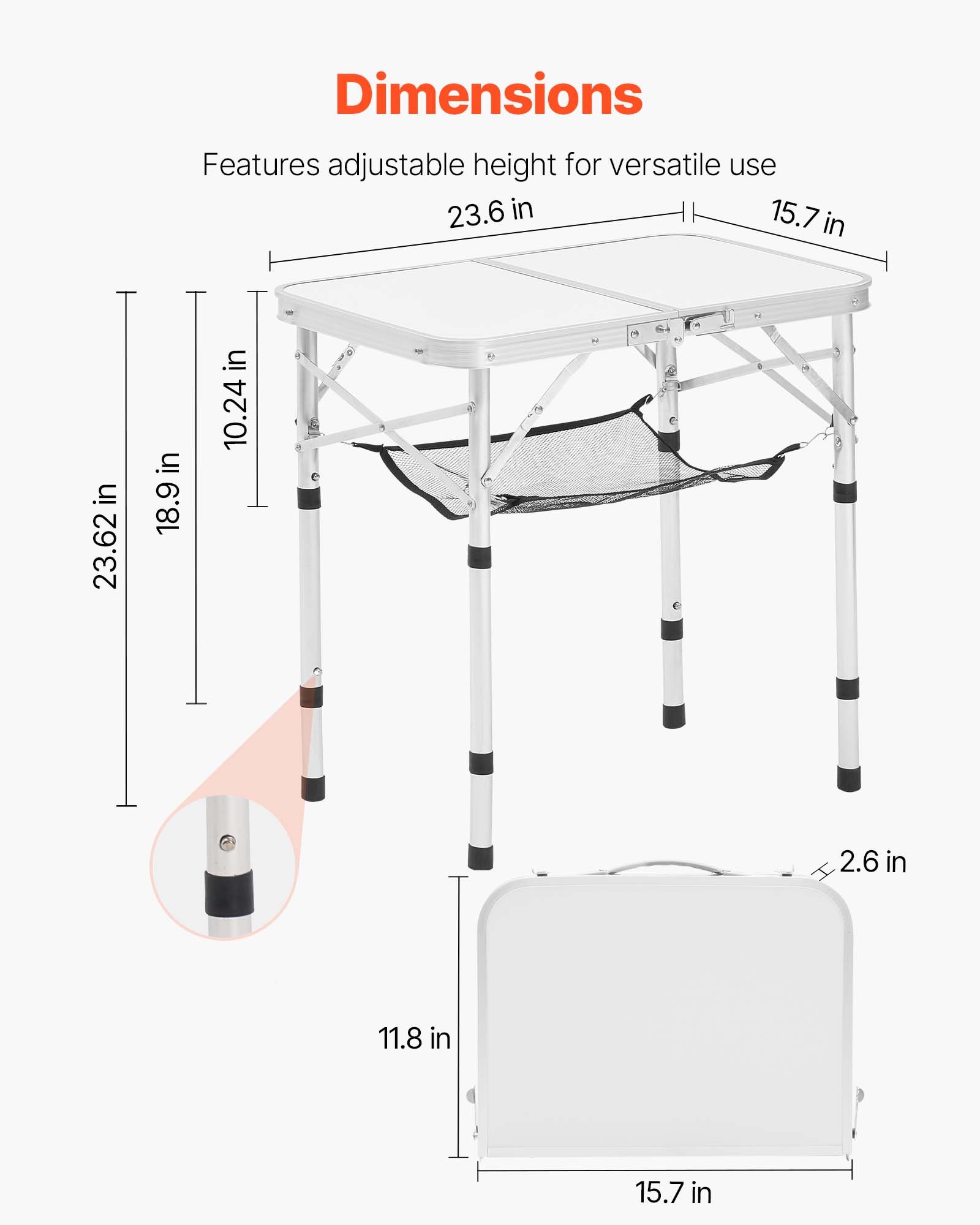 VEVOR Klapptisch Buffettisch tragbarer Allzwecktisch 60 x 40 cm, höhenverstellbarer Tisch (für 2-4 Personen) mit Tragegriff, Gartentisch Campingtisch für Partys Picknick Camping Grillen BBQ, Silber