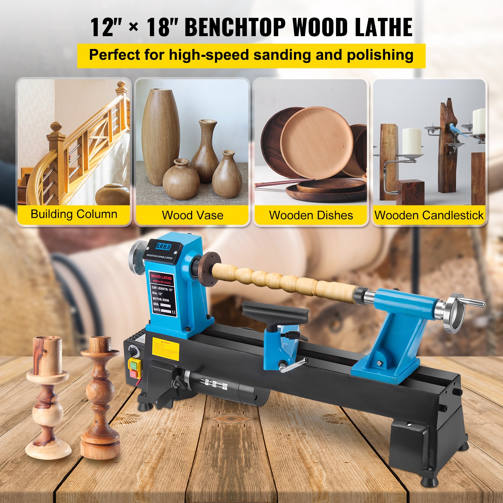 VEVOR Drechselbank 500-3800U/min, Drechselbank, Holzdrechselbank 550W einphasig, Drehbank Holz mit MT 2 Spindel, Tischdrehbank, Tischdrechselbank für Bearbeitung mit Materialien in kleinem Maßstab