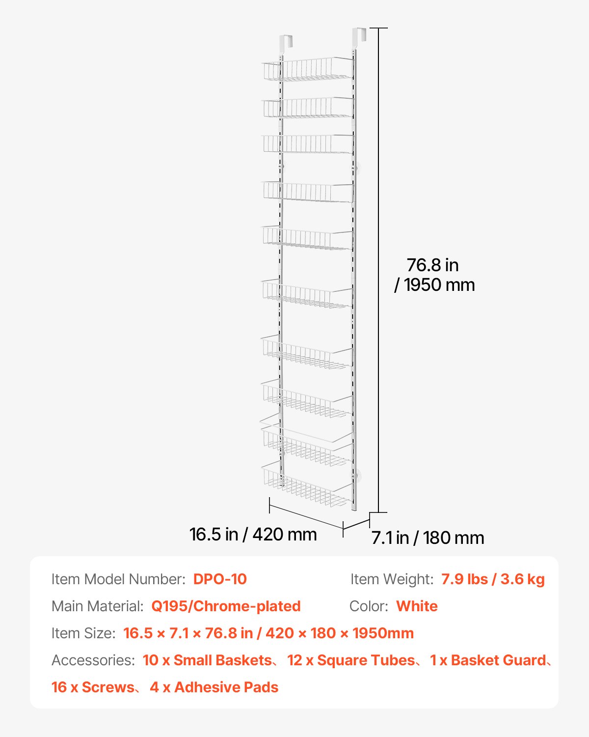 VEVOR Vorratsschrank Speisekammer-Organizer Aufbewahrung über der Tür, 10-stufige Gewürzregale zum Aufhängen aus Stahl, verstellbare Lagerregale für die Wand, für Zuhause Küche Badezimmer, Weiß