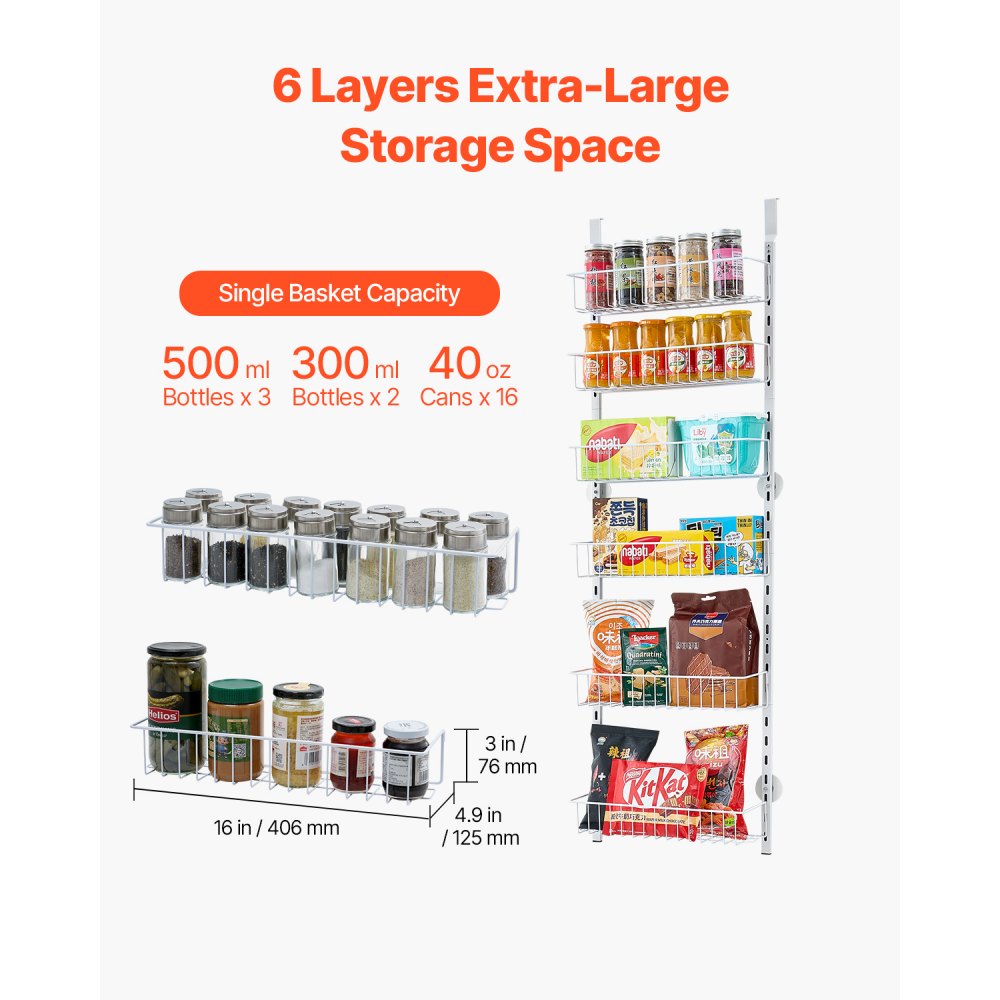 VEVOR Vorratsschrank Speisekammer-Organizer Aufbewahrung über der Tür, 6-stufige Gewürzregale zum Aufhängen aus Stahl, verstellbare Lagerregale für die Wand, für Zuhause Küche Badezimmer, weiß