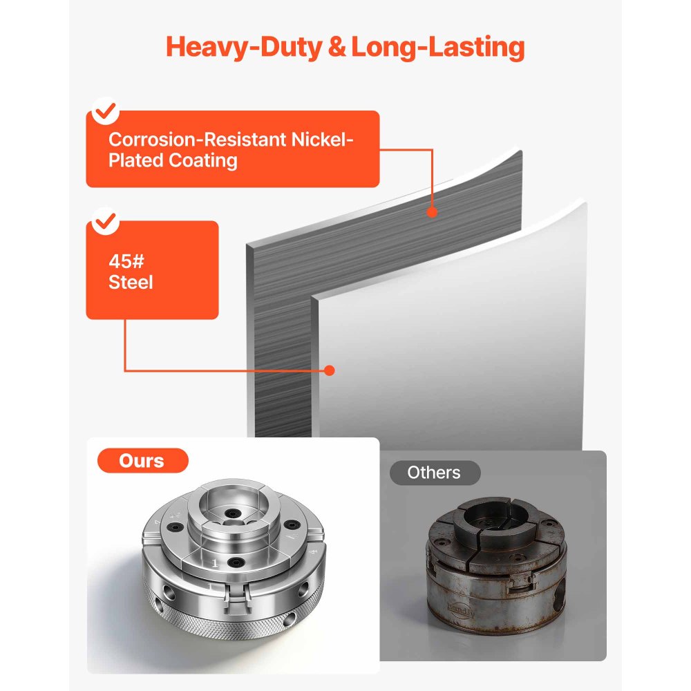 VEVOR 4 Inch Wood Lathe Chuck, 4-Jaw, Self-Centering Wood Turning Chuck Set with 1" x 8TPI Thread & Adapter, Nickel-Plated, High-Hardness Steel, Inside Clamping & Outside Support, for Woodworking