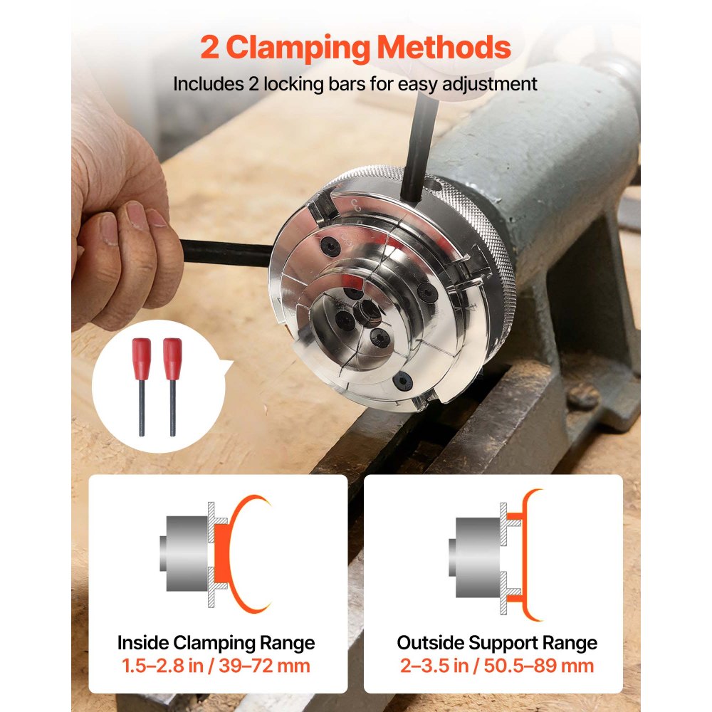 VEVOR 4 Inch Wood Lathe Chuck, 4-Jaw, Self-Centering Wood Turning Chuck Set with 1" x 8TPI Thread & Adapter, Nickel-Plated, High-Hardness Steel, Inside Clamping & Outside Support, for Woodworking