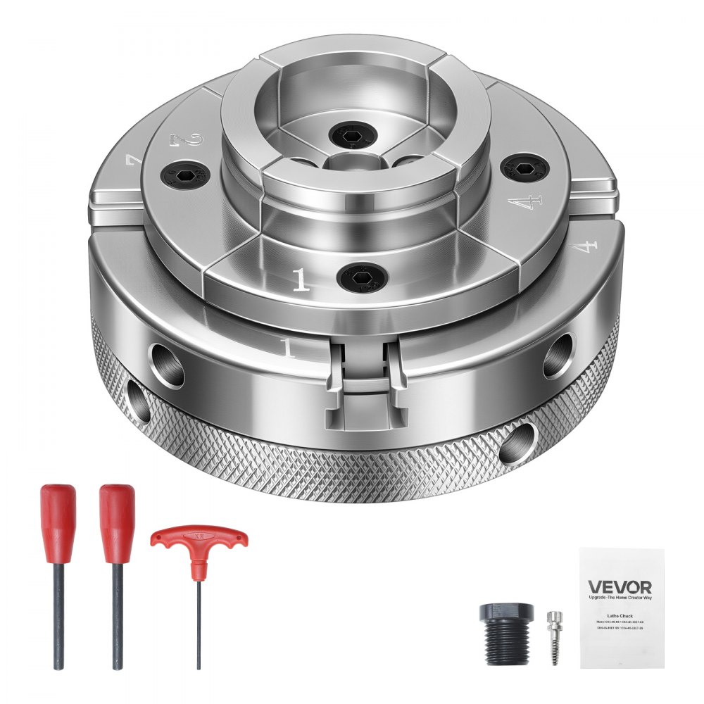 VEVOR 4 Inch Wood Lathe Chuck, 4-Jaw, Self-Centering Wood Turning Chuck Set with 1" x 8TPI Thread & Adapter, Nickel-Plated, High-Hardness Steel, Inside Clamping & Outside Support, for Woodworking
