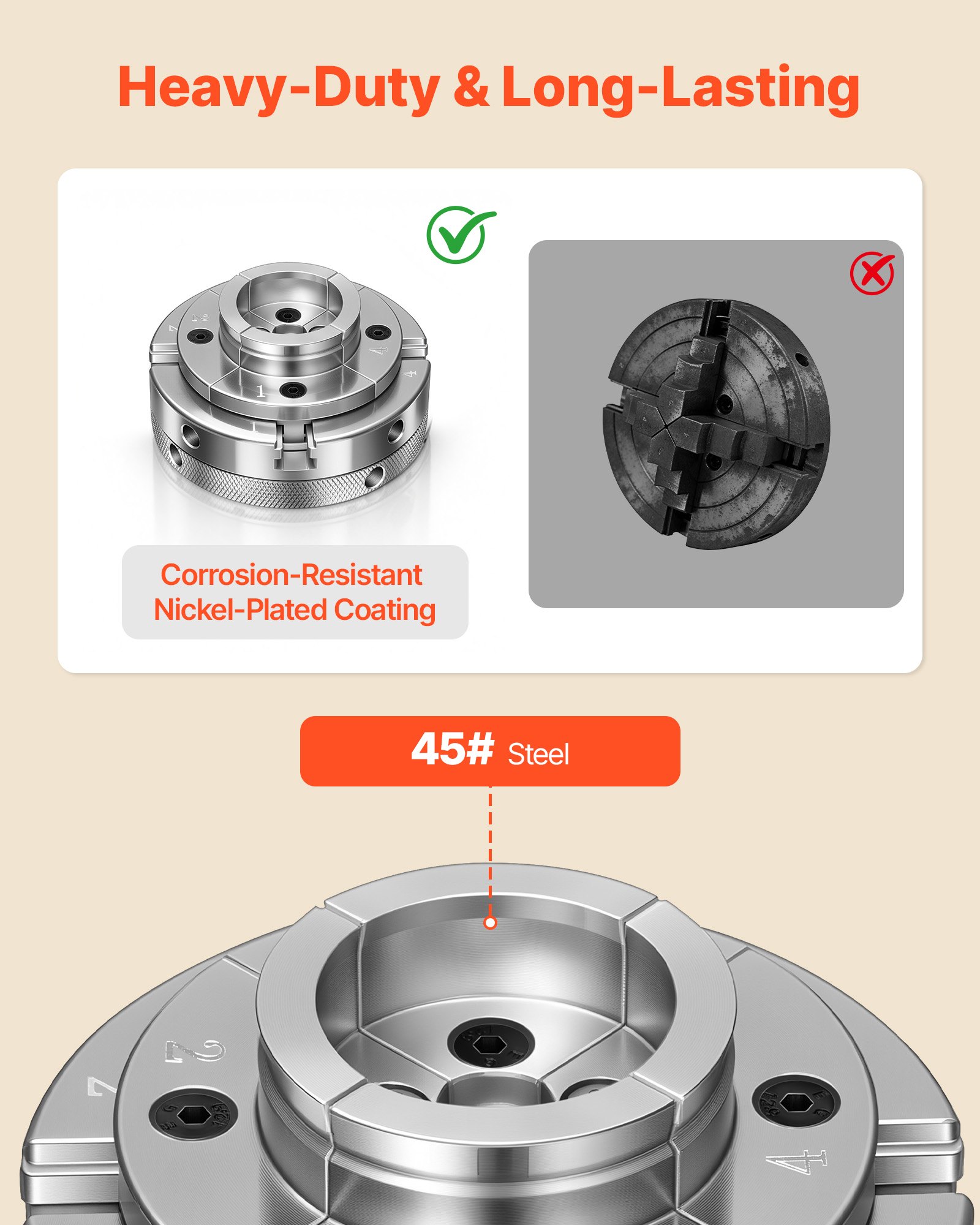 VEVOR 4 Zoll Drechselfutter Zentrierfutter (4 Backen) mit 1 Zoll x 8TPI Gewinde & Adapter, 5-tlg. Spannbacken Set (Stufen/Rund/Stift), Vernickelte Oberfläche mit Tragekoffer für Holzdrehbänke