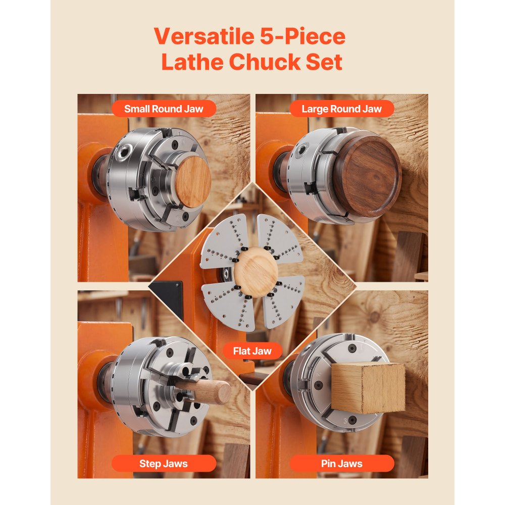 VEVOR 4 Zoll Drechselfutter Zentrierfutter (4 Backen) mit 1 Zoll x 8TPI Gewinde & Adapter, 5-tlg. Spannbacken Set (Rund/Flach/Stufen/Stift), Vernickelte Oberfläche, mit Tragekoffer für Holzdrehbänke