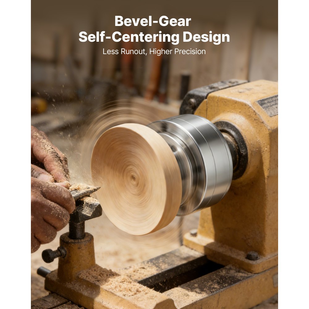 VEVOR 4 Zoll Drechselfutter Zentrierfutter (4 Backen) mit 1 Zoll x 8TPI Gewinde & Adapter, 5-tlg. Spannbacken Set (Rund/Flach/Stufen/Stift), Vernickelte Oberfläche, mit Tragekoffer für Holzdrehbänke