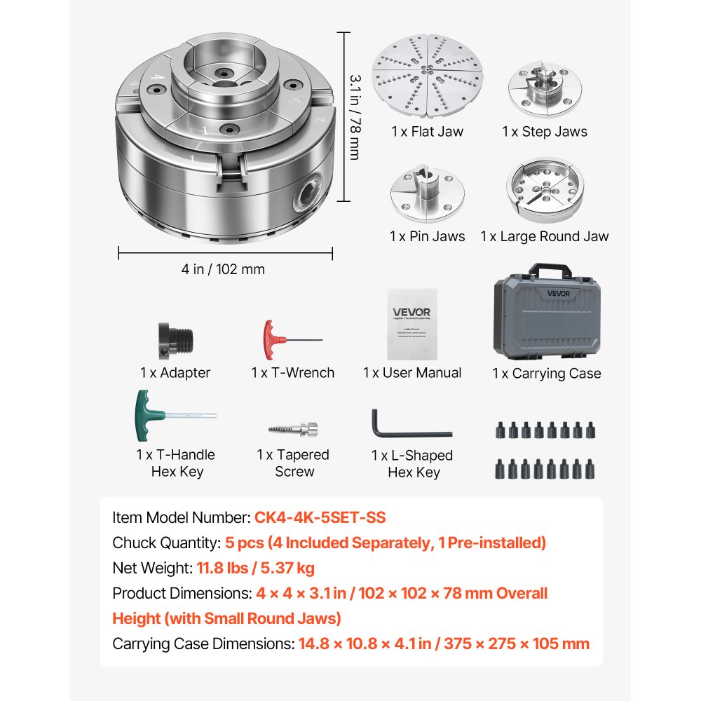 VEVOR 4 Zoll Drechselfutter Zentrierfutter (4 Backen) mit 1 Zoll x 8TPI Gewinde & Adapter, 5-tlg. Spannbacken Set (Rund/Flach/Stufen/Stift), Vernickelte Oberfläche, mit Tragekoffer für Holzdrehbänke
