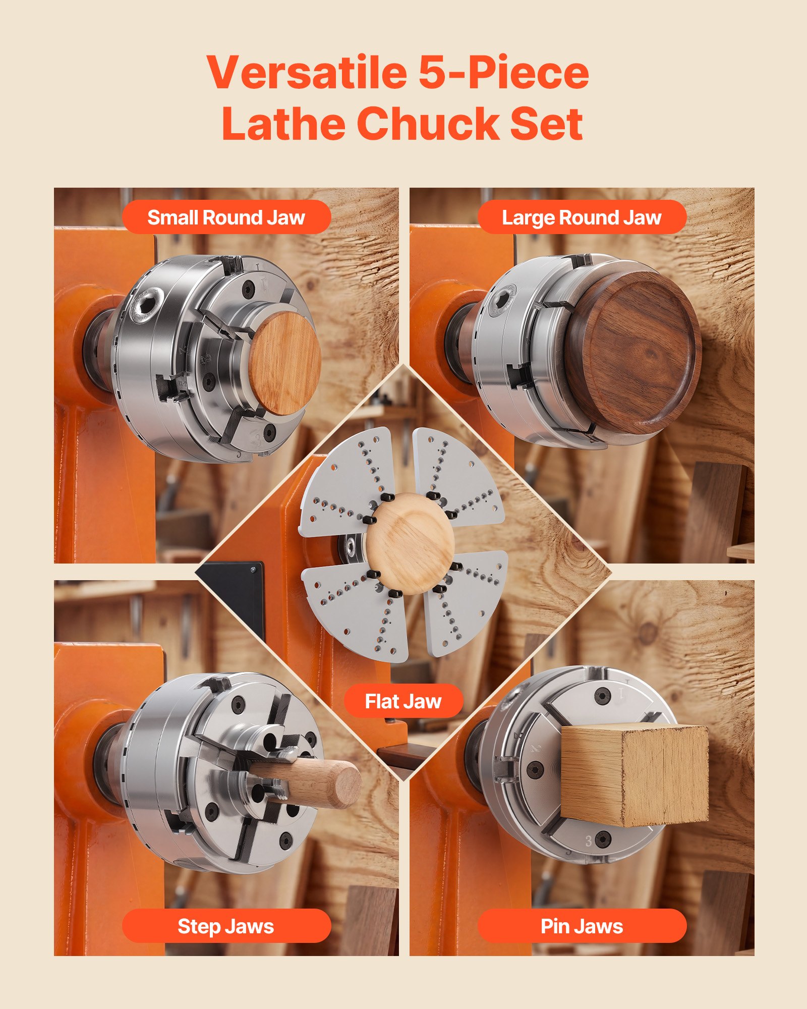 VEVOR 4 Zoll Drechselfutter Zentrierfutter (4 Backen) mit 1 Zoll x 8TPI Gewinde & Adapter, 5-tlg. Spannbacken Set (Rund/Flach/Stufen/Stift), Vernickelte Oberfläche, mit Tragekoffer für Holzdrehbänke