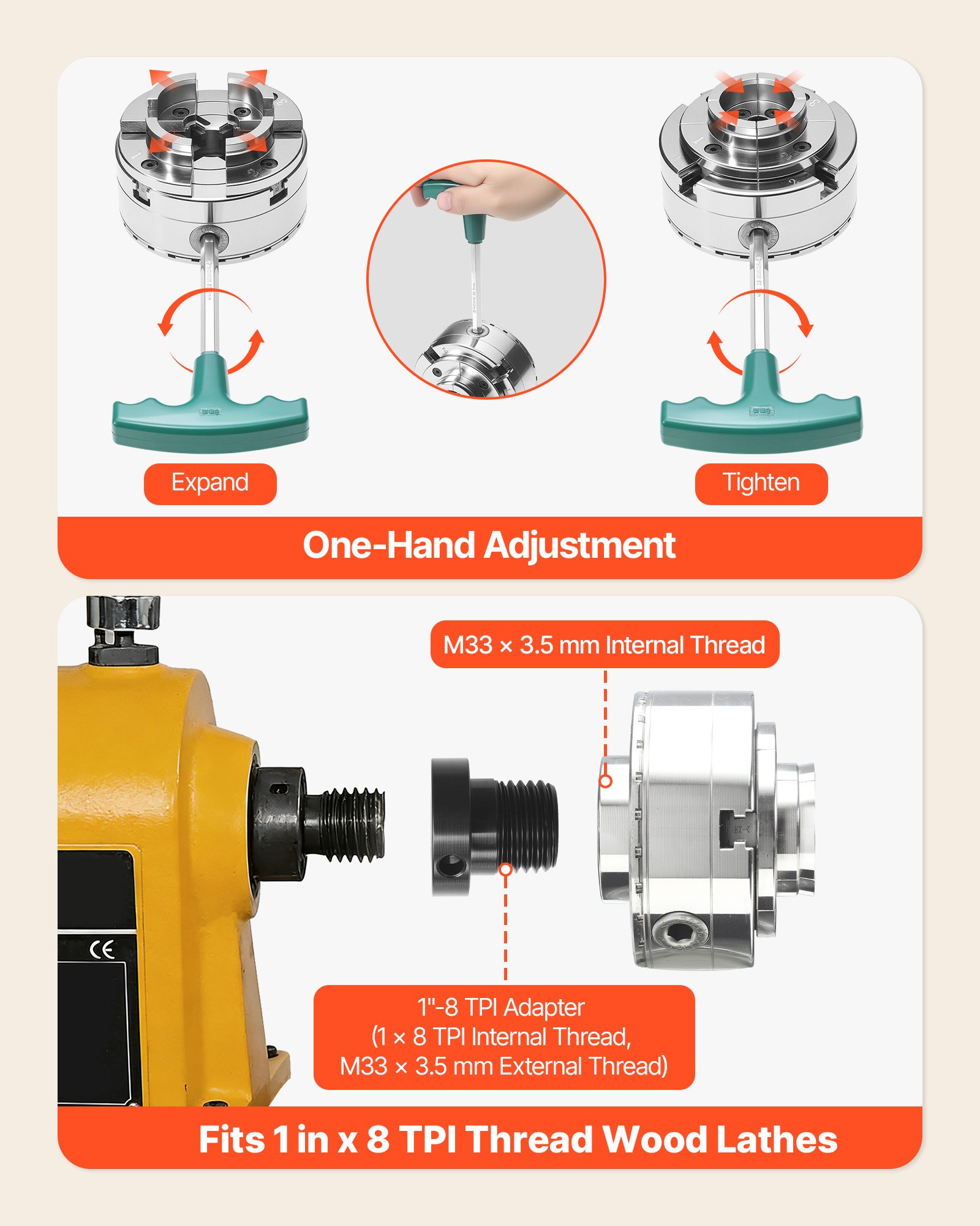 VEVOR 4 Zoll Drechselfutter Zentrierfutter (4 Backen) mit 1 Zoll x 8TPI Gewinde & Adapter, 5-tlg. Spannbacken Set (Rund/Flach/Stufen/Stift), Vernickelte Oberfläche, mit Tragekoffer für Holzdrehbänke