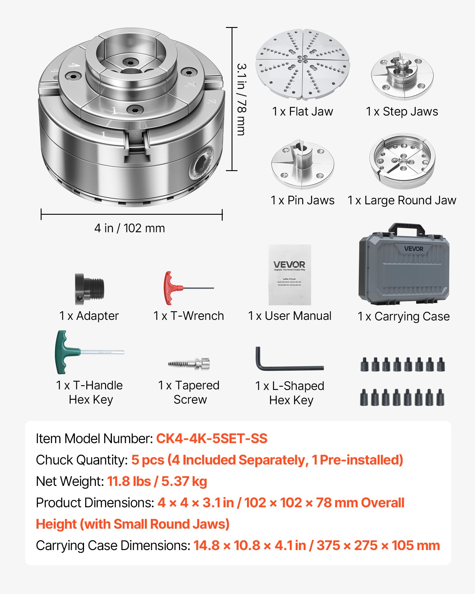 VEVOR 4 Zoll Drechselfutter Zentrierfutter (4 Backen) mit 1 Zoll x 8TPI Gewinde & Adapter, 5-tlg. Spannbacken Set (Rund/Flach/Stufen/Stift), Vernickelte Oberfläche, mit Tragekoffer für Holzdrehbänke
