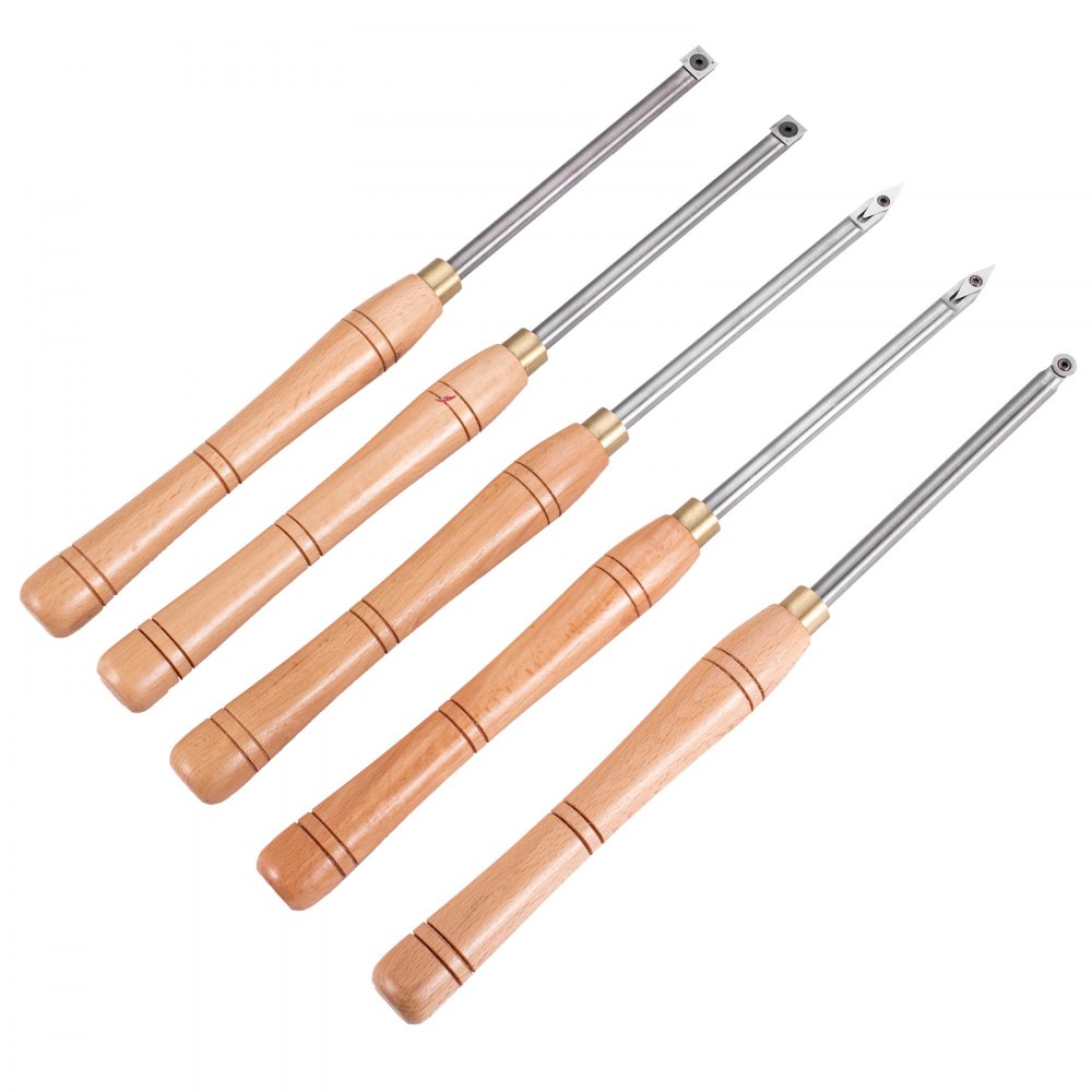 VEVOR Drehmeißel 5 PCS Drechselwerkzeug 12 mm Hartmetall Drehstahl mit Multifunktionale Vollhartmetalleinsatz Cutter, Round Shank Holzbearbeitungswerkzeug mit Holzgriff und Hartmetall 5 Schneider