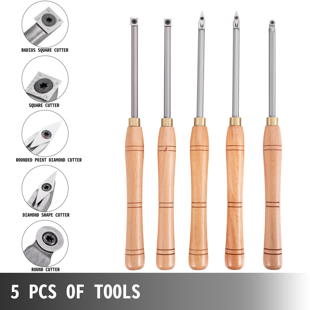 VEVOR Turning Tool Set 5 PCS 12 mm Carbide Turning Steel with Multifunctional Solid Carbide Insert Cutter, Round Shank Woodworking Tool with Wooden Handle and 5 Carbide Cutters
