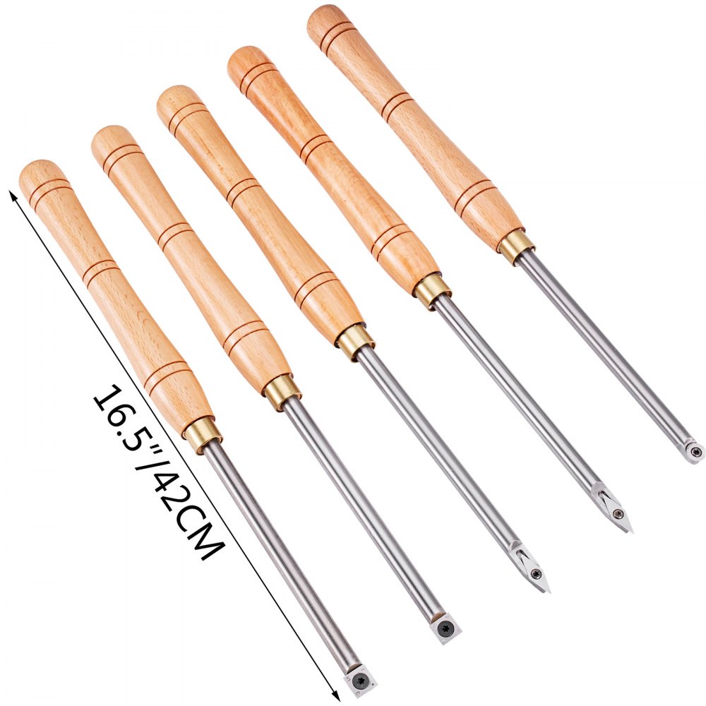 VEVOR Turning Tool Set 5 PCS 12 mm Carbide Turning Steel with Multifunctional Solid Carbide Insert Cutter, Round Shank Woodworking Tool with Wooden Handle and 5 Carbide Cutters