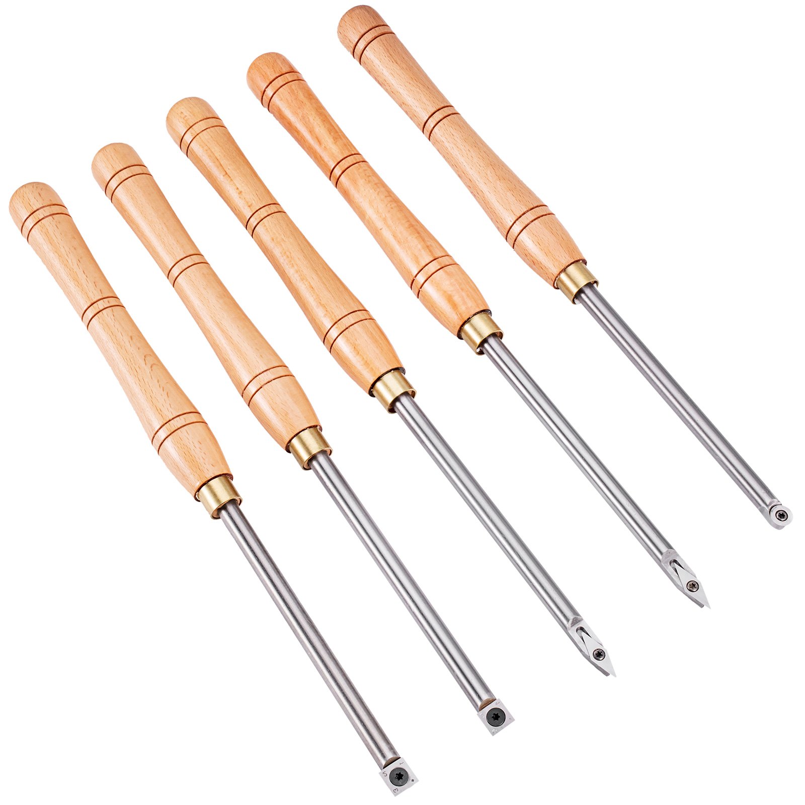 VEVOR Drehmeißel 5 PCS Drechselwerkzeug 12 mm Hartmetall Drehstahl mit Multifunktionale Vollhartmetalleinsatz Cutter, Round Shank Holzbearbeitungswerkzeug mit Holzgriff und Hartmetall 5 Schneider