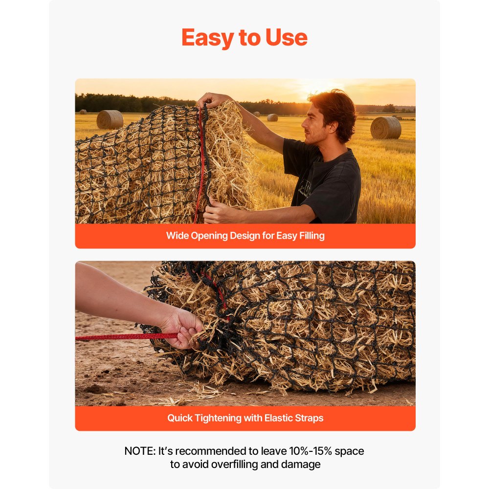 VEVOR Heunetz Rundballen, 1,5x1,5x1,5 m, Maschenweite 44,45x44,45 mm, PE-Material, verstärkte Knotenkonstruktion, mit Kabelbindern, Nadelschiffchen & Reparaturgarn, Futternetz für Pferde