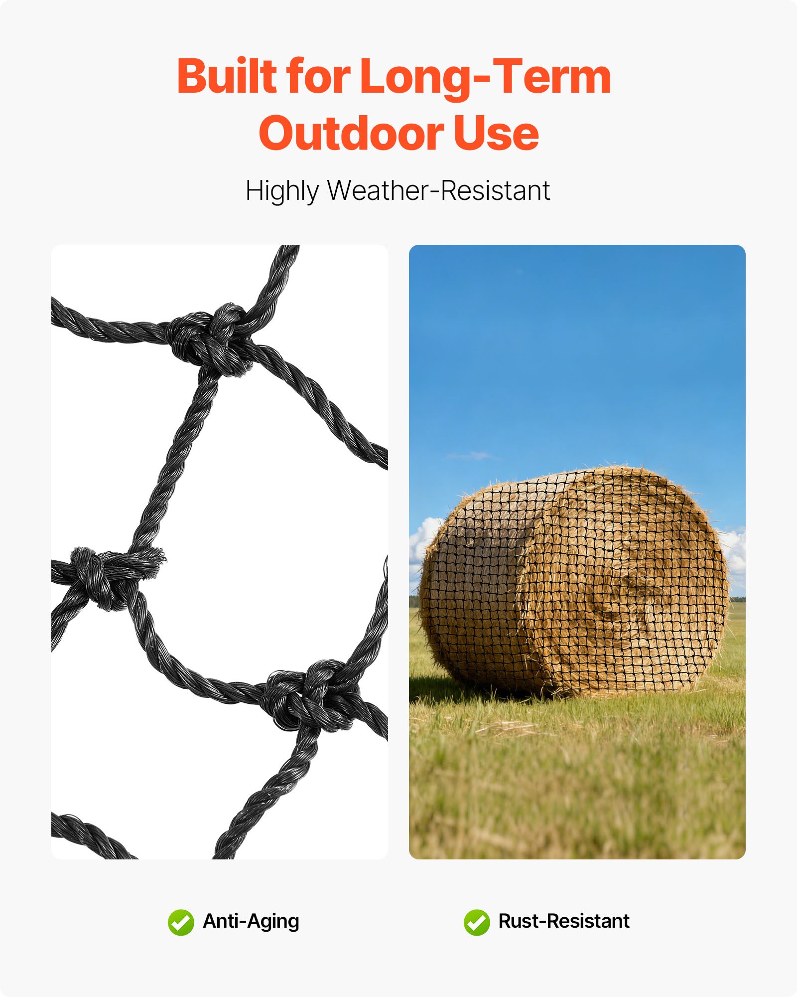 VEVOR Heunetz Rundballen, 1,5x1,5x1,5 m, Maschenweite 44,45x44,45 mm, PE-Material, verstärkte Knotenkonstruktion, mit Kabelbindern, Nadelschiffchen & Reparaturgarn, Futternetz für Pferde