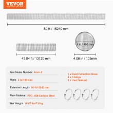 VEVOR Staubsammelschlauch flexibler PVC-Schlauch Vakuumschlauch 100x15240mm​