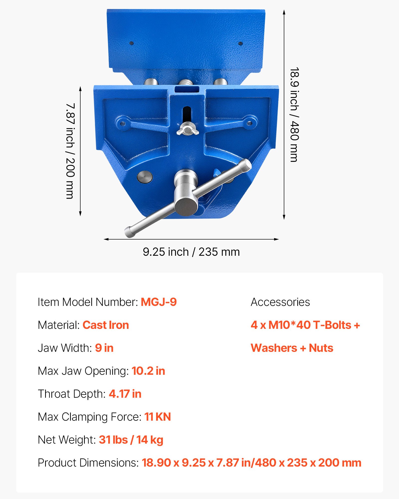VEVOR Schnellspanner Schraubstock für Holzbearbeitung, 22,86 cm Backenbreite, Schraubstock, 25,9 cm Backenöffnung, Gusseisenkonstruktion, verstellbarer Frontanschlag, Werkbankschraubstock