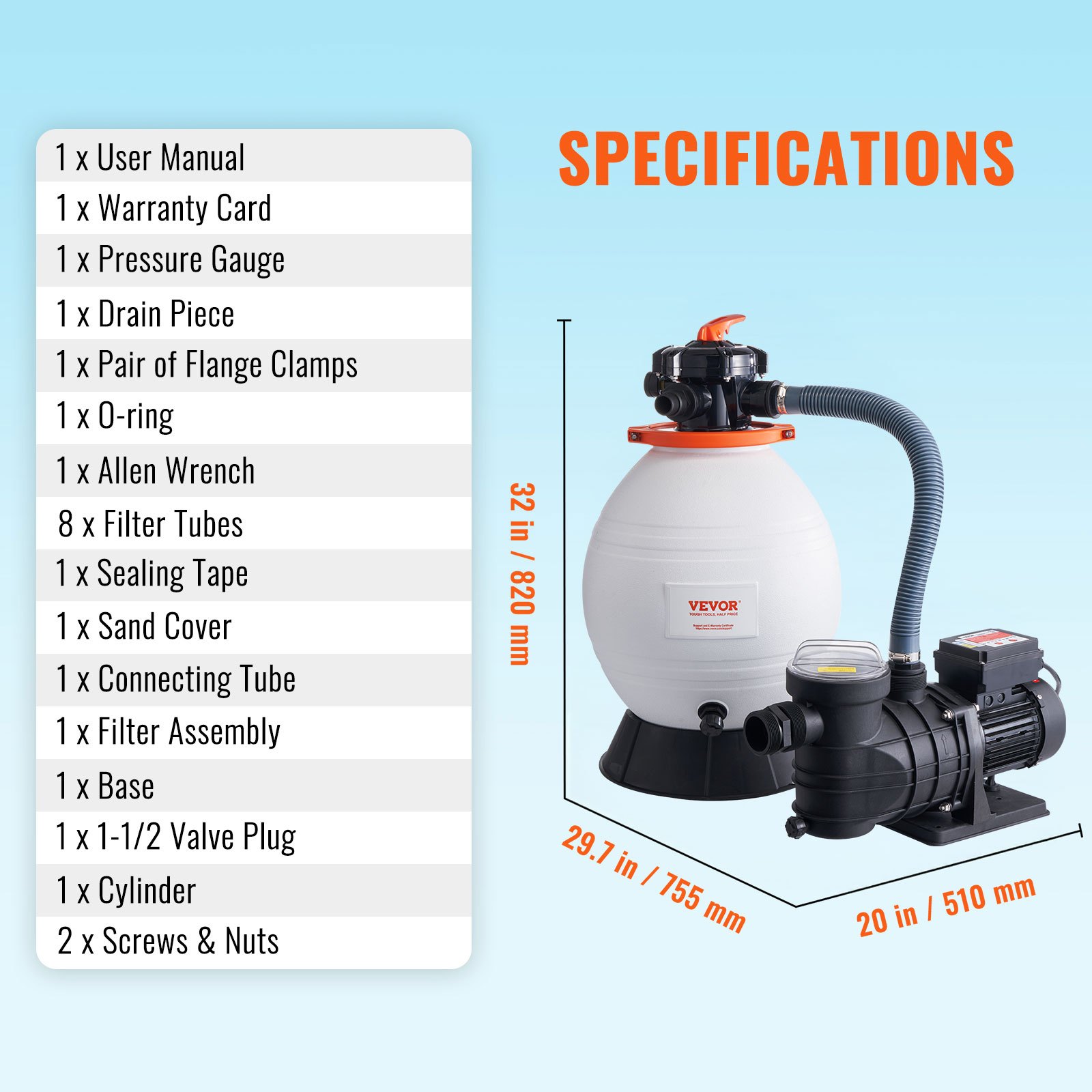 VEVOR sand filter pump for above-ground pools, 400 mm, 18,000 l/h, 850 W swimming pool pump system and filter combination set with 6-way multi-port valve and strainer basket, for private and commercial pools