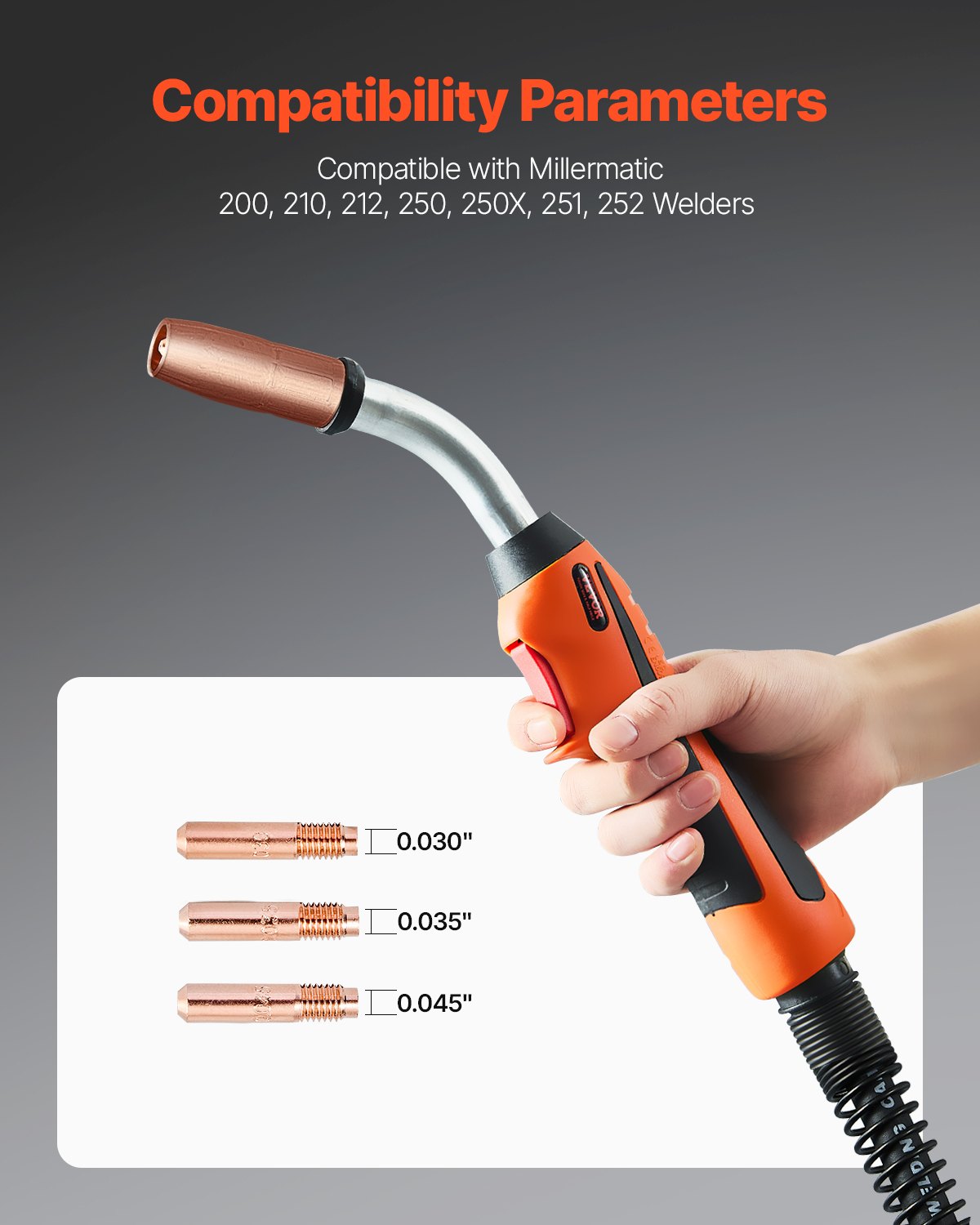 VEVOR 250-A-MIG-Schweißpistole mit 4,6 m langem Kabel, Schweißbrenner kompatibel mit Millermatic 200, 210, 212, 250, 250X, 251, 252 Schweißgeräten, geeignet für Schweißdrähte von 0,0762/0,0889/0,1143 cm