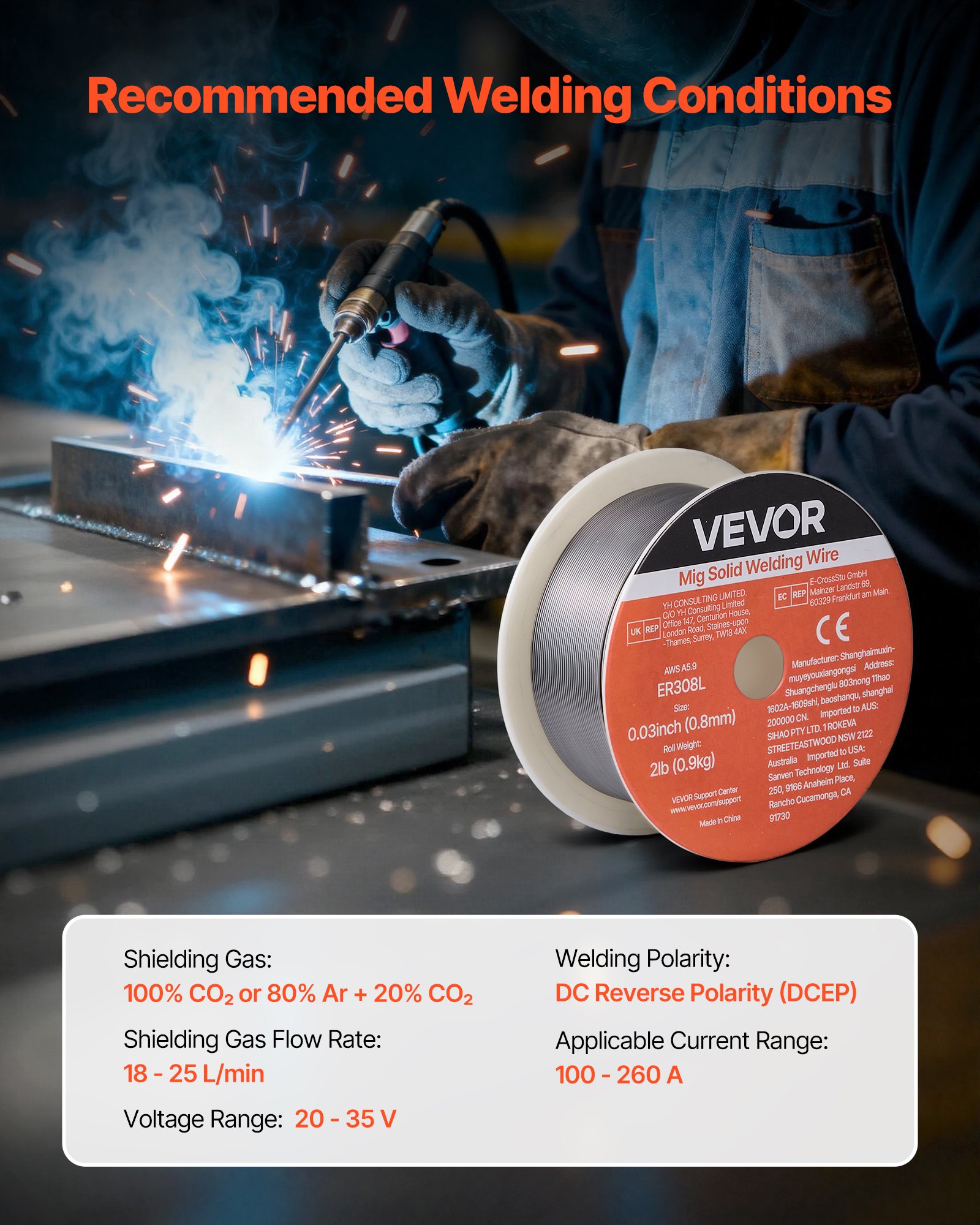 VEVOR Solid MIG Welding Wire, ER308L 0.8mm 0.9kg, Low Spatter Stainless Steel Welding Wire with High Feedability for All-Position Gas Shielded Welding