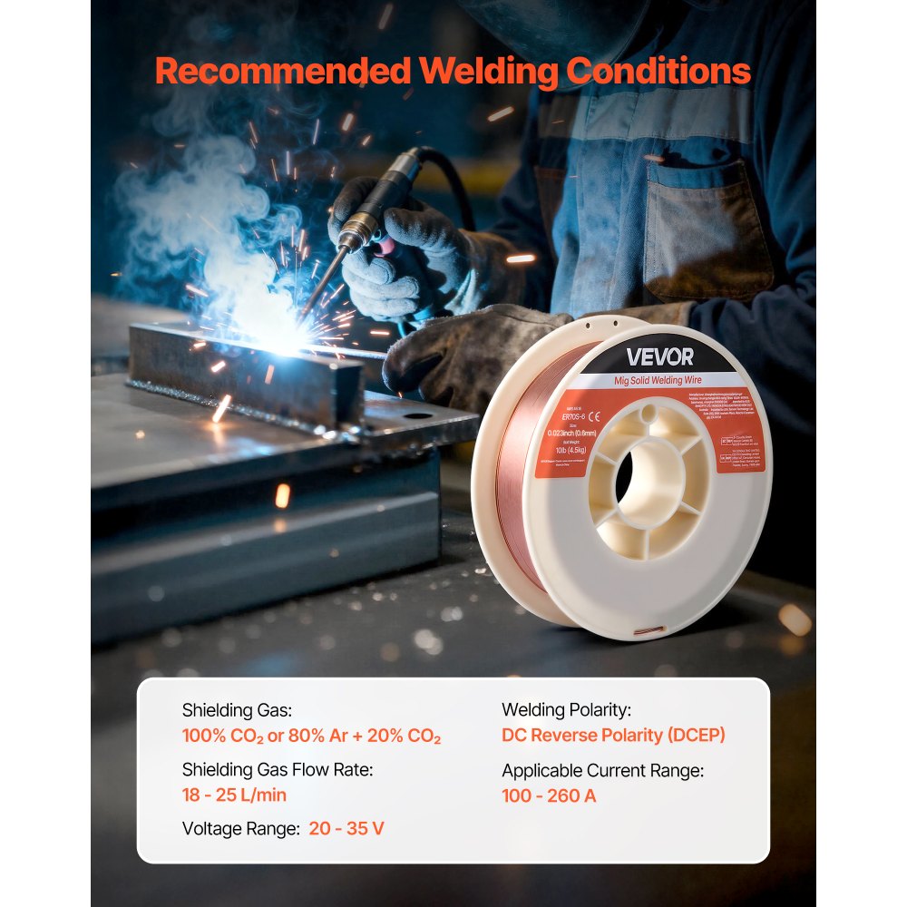 VEVOR Solid MIG Welding Wire, ER70S-6 0.6mm 4.5kg, Low Spatter Mild Steel Welding Wire with High Deoxidizers for All-Position Gas Shielded Welding