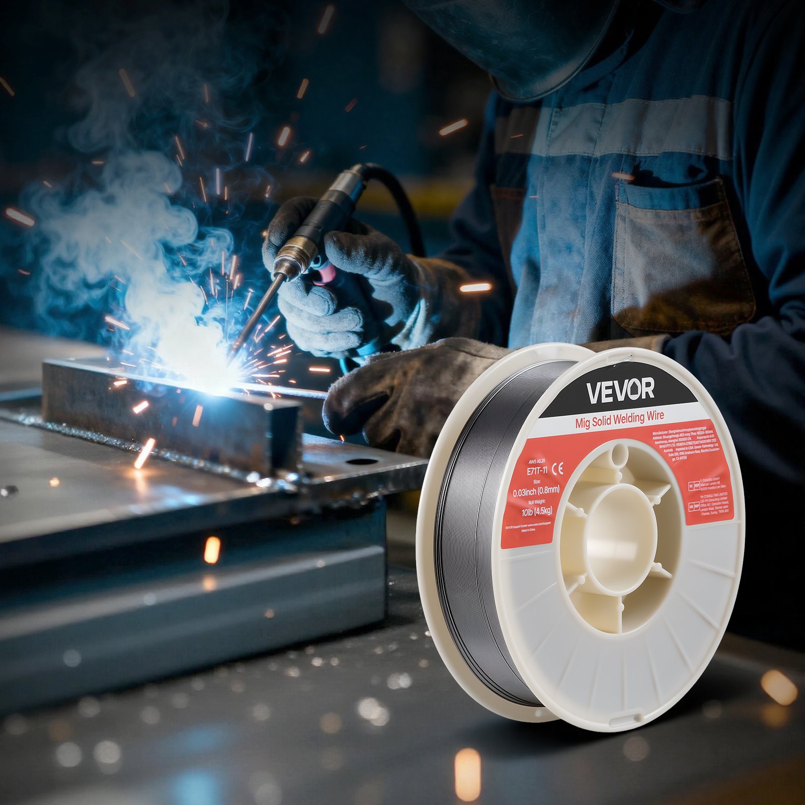 VEVOR Fülldraht 0,8 mm, MIG Schweißdraht E71T-11, 4,5 kg Gaslose Drahtrolle für Baustahl mit Geringer Spritzerbildung für Alle Schweißpositionen, Selbstschützend für den Außeneinsatz, 1 Stk.