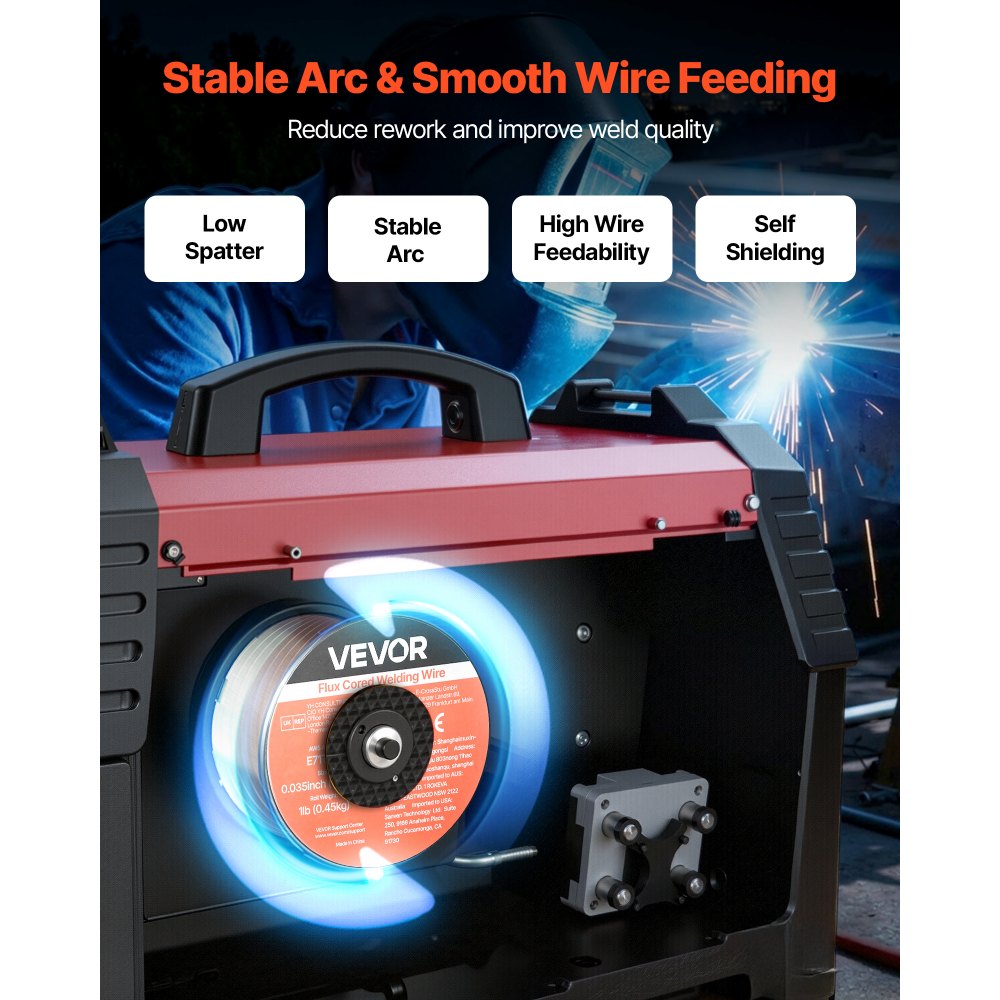 VEVOR Flux Core MIG Welding Wire, E71T-11 0.9mm 0.45kg, Gasless Mild Steel Welding Wire with Low Spatter for All Position Arc Welding, Self-Shielded for Outdoor Use (Pack of 2 Rolls)