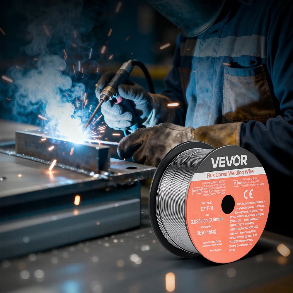 VEVOR Flux Core MIG Welding Wire, E71T-11 0.9mm 0.45kg, Gasless Mild Steel Welding Wire with Low Spatter for All Position Arc Welding, Self-Shielded for Outdoor Use (Pack of 2 Rolls)