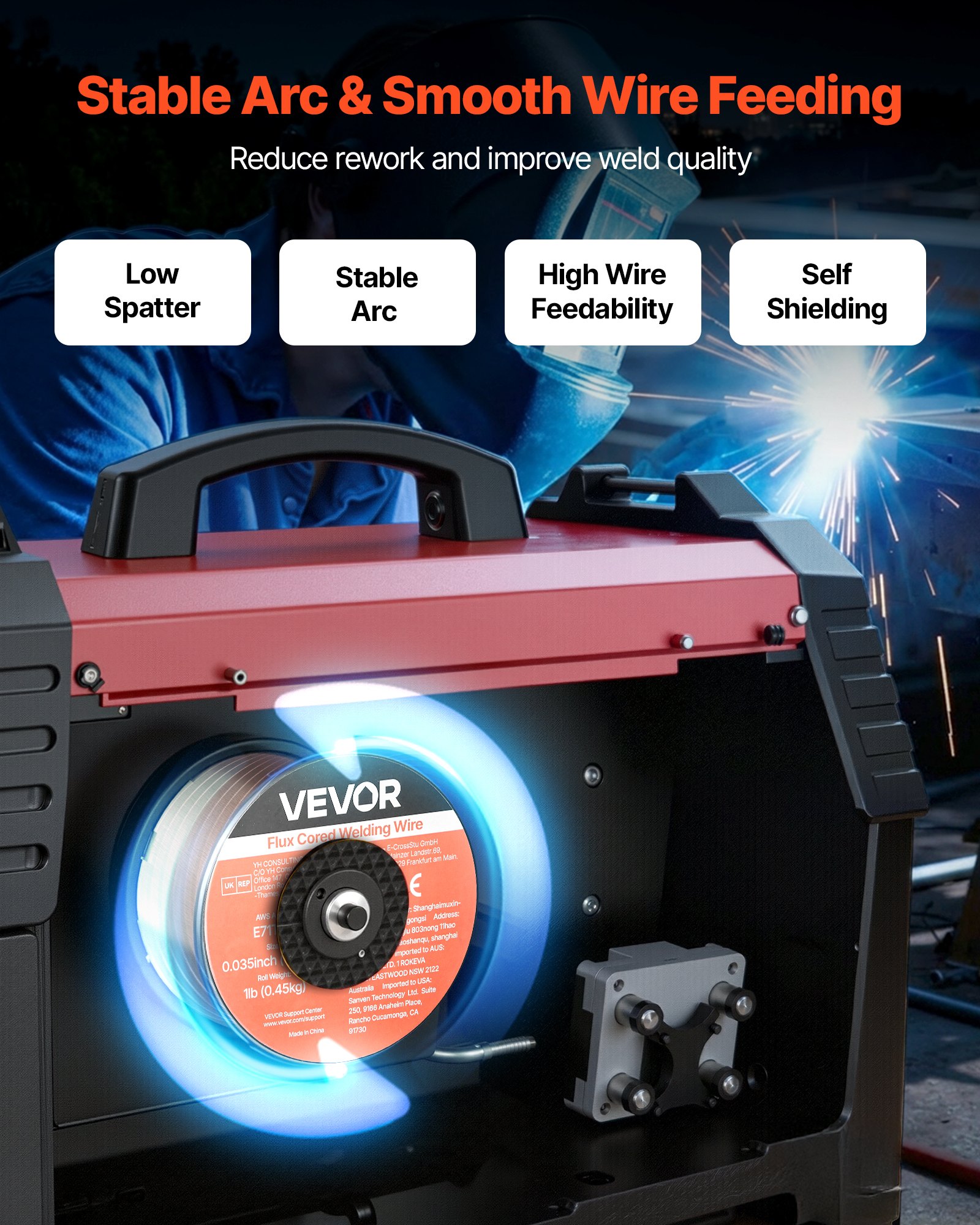 VEVOR Flux Core MIG Welding Wire, E71T-11 0.9mm 0.45kg, Gasless Mild Steel Welding Wire with Low Spatter for All Position Arc Welding, Self-Shielded for Outdoor Use (Pack of 2 Rolls)