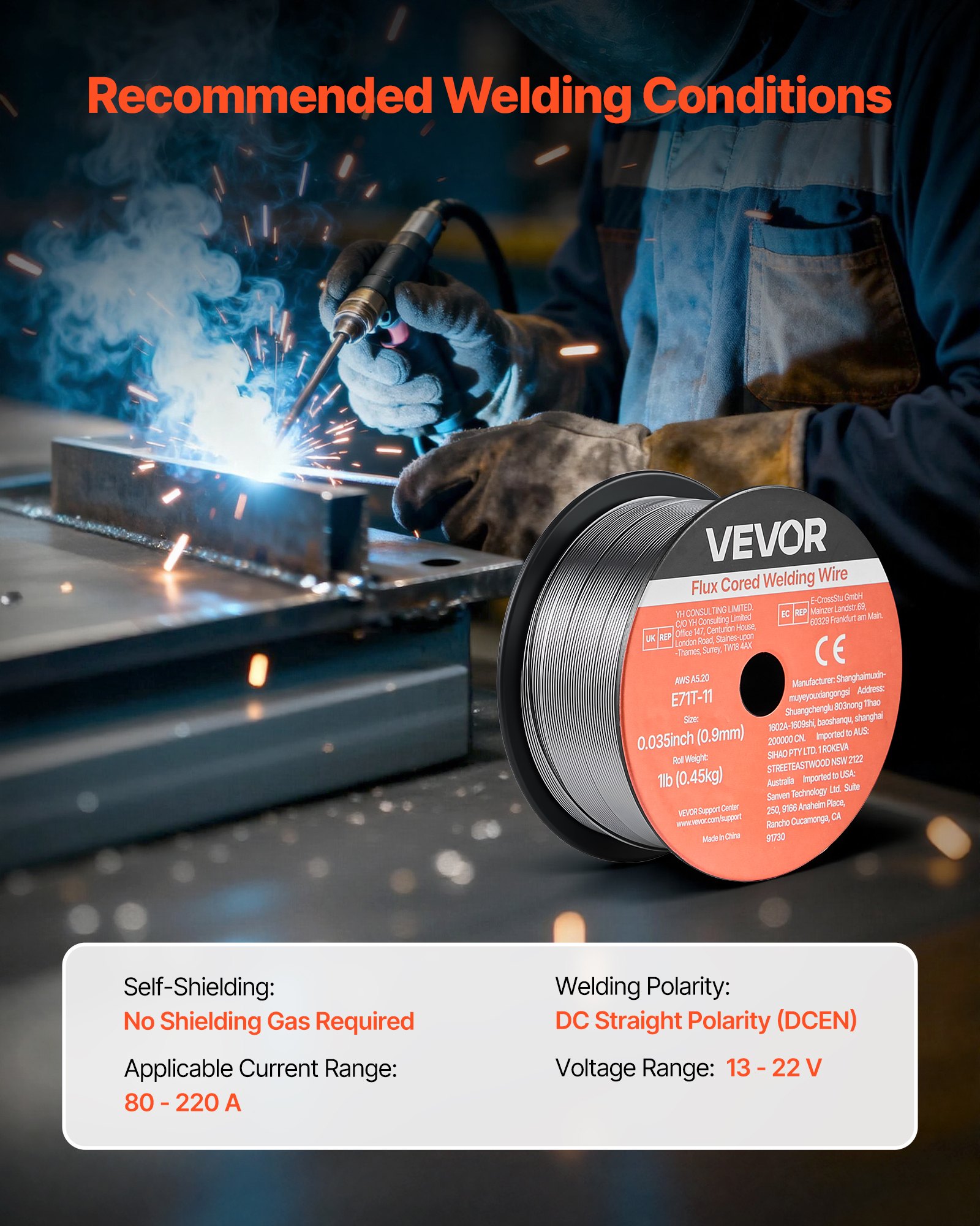 VEVOR Flux Core MIG Welding Wire, E71T-11 0.9mm 0.45kg, Gasless Mild Steel Welding Wire with Low Spatter for All Position Arc Welding, Self-Shielded for Outdoor Use (Pack of 2 Rolls)