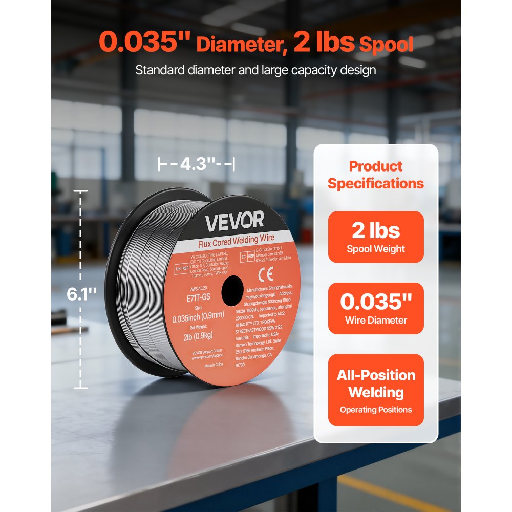 VEVOR Flux Core MIG Welding Wire, E71T-GS 0.9mm 0.9kg, Gasless Mild Steel Welding Wire with Low Spatter for All Position Arc Welding, Self-Shielded for Outdoor Use (Pack of 3 Rolls)