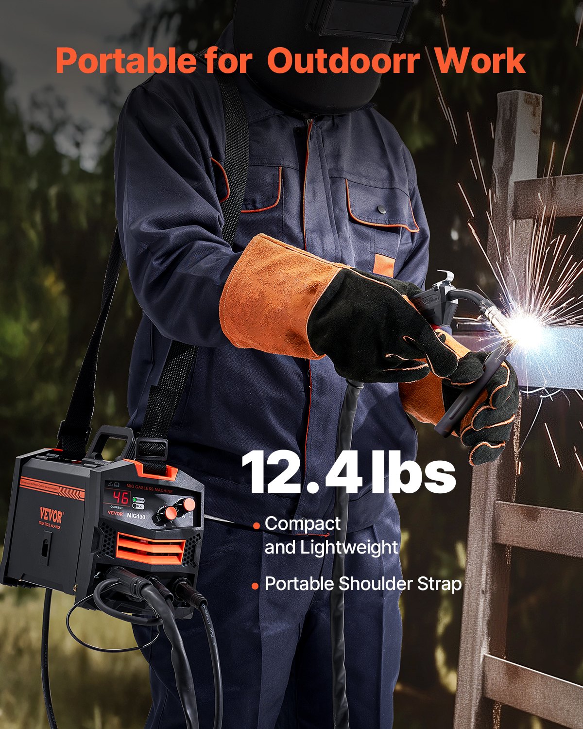 VEVOR MIG welding machine, 130 A synergistic MIG welding machine, gasless flux-cored wire welder, portable MIG welder with IGBT inverter technology and digital display screen