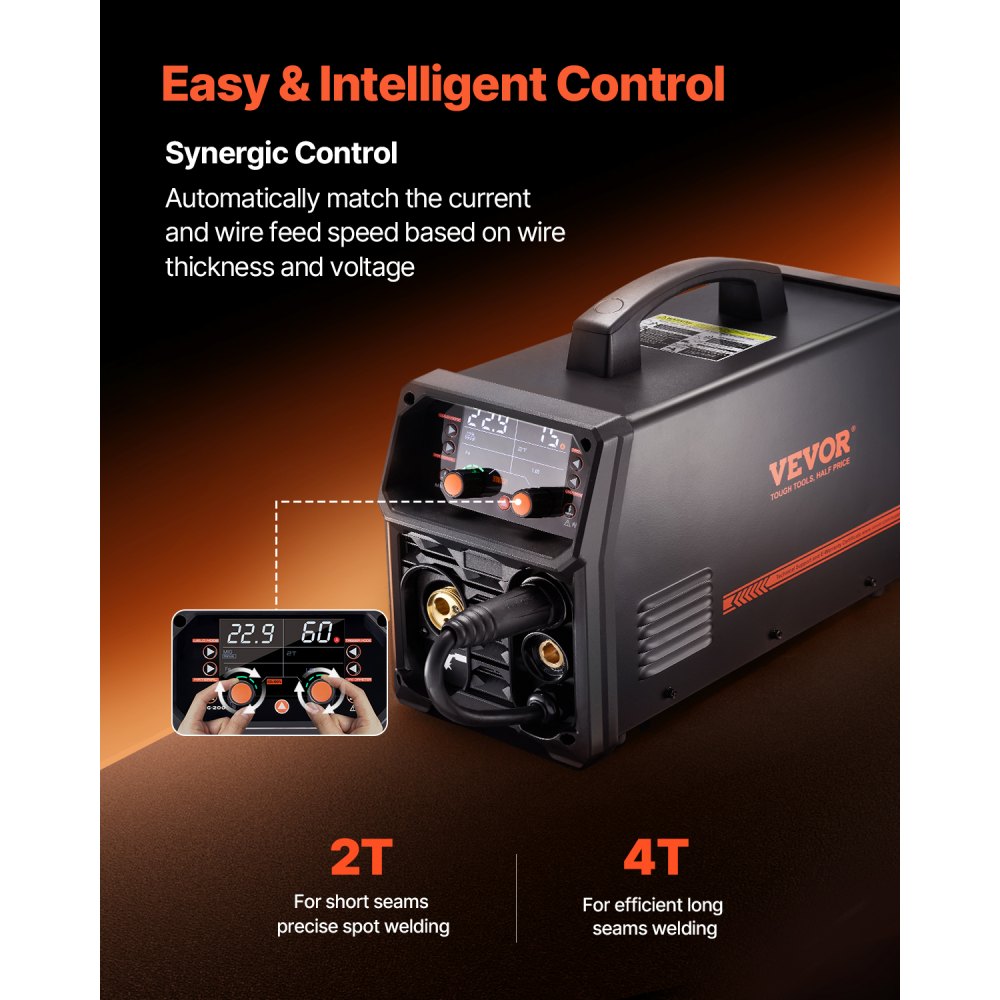 VEVOR Pro MIG-Schweißgerät, 200 Ampere Pluse MIG-Welder, 5-in-1 Synergie-Schweißer MIG Pluse, gasloses MIG, Gas-MIG, MMA und Lift WIG, mit IGBT-Wechselrichtertechnologie und LCD-Bildschirmanzeige