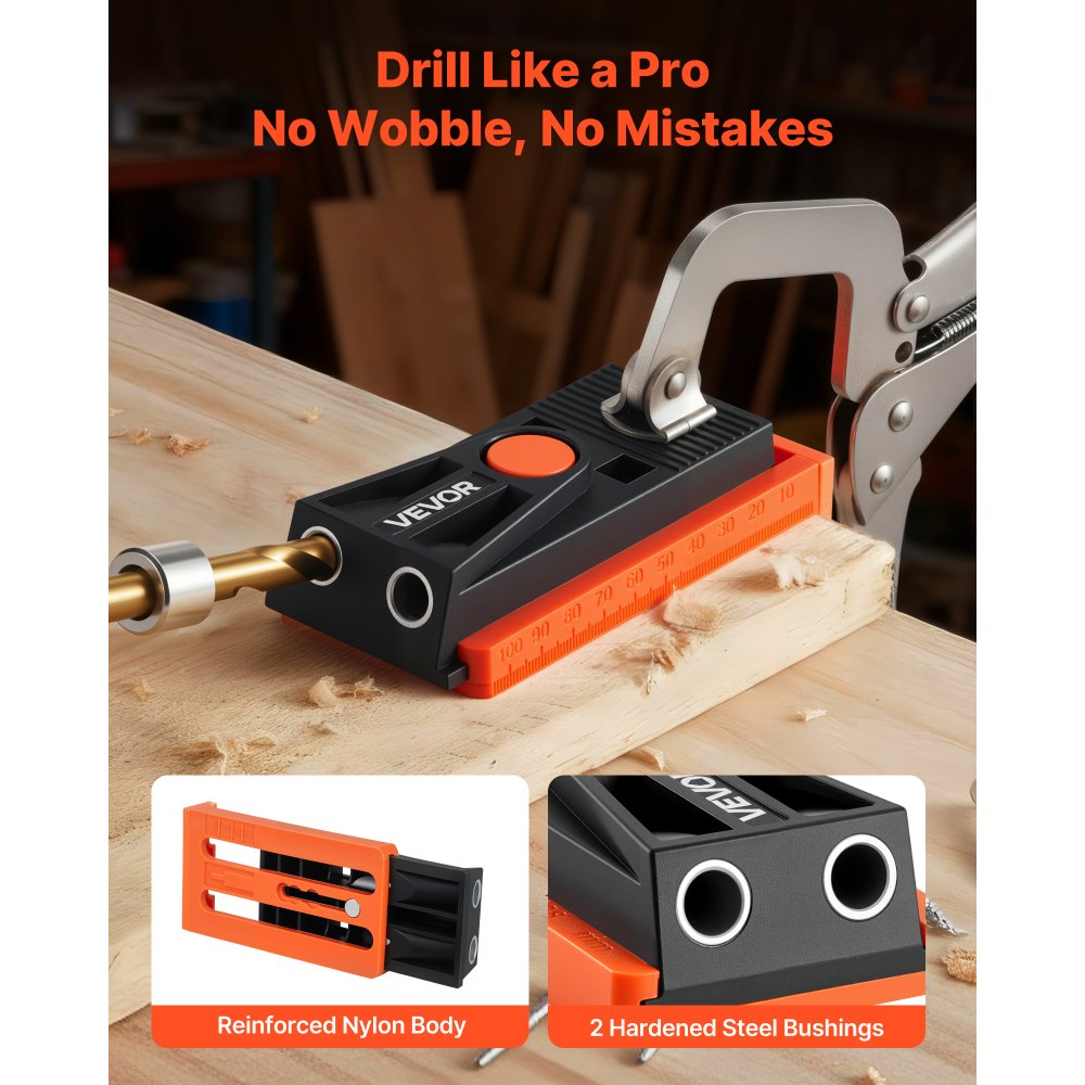VEVOR Pocket Hole Jig Kit Taschenloch-Vorrichtungssatz 12,7-38,1 mm verstellbar, Vorrichtungs-Taschenlochsystem mit Stufenbohrer Sechskantschlüssel Bohrstoppring Vierkant-Antriebsbit Schrauben