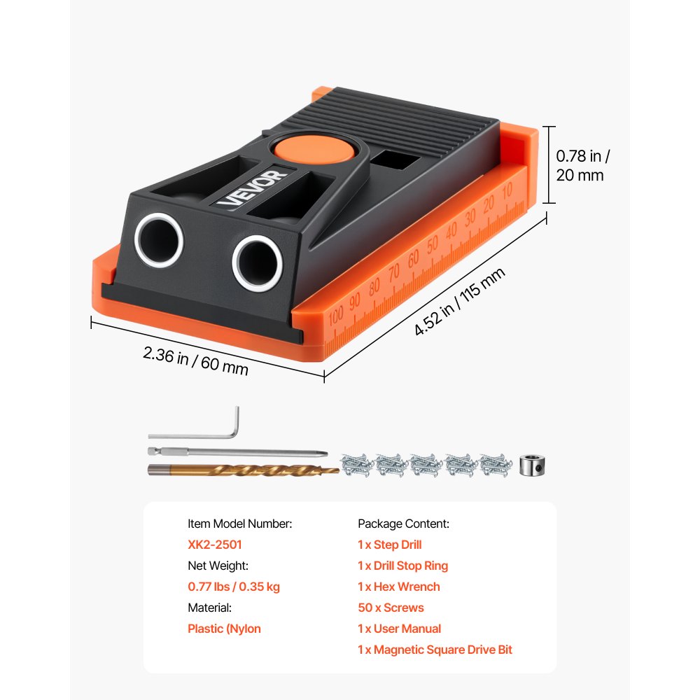 VEVOR Pocket Hole Jig Kit Taschenloch-Vorrichtungssatz 12,7-38,1 mm verstellbar, Vorrichtungs-Taschenlochsystem mit Stufenbohrer Sechskantschlüssel Bohrstoppring Vierkant-Antriebsbit Schrauben