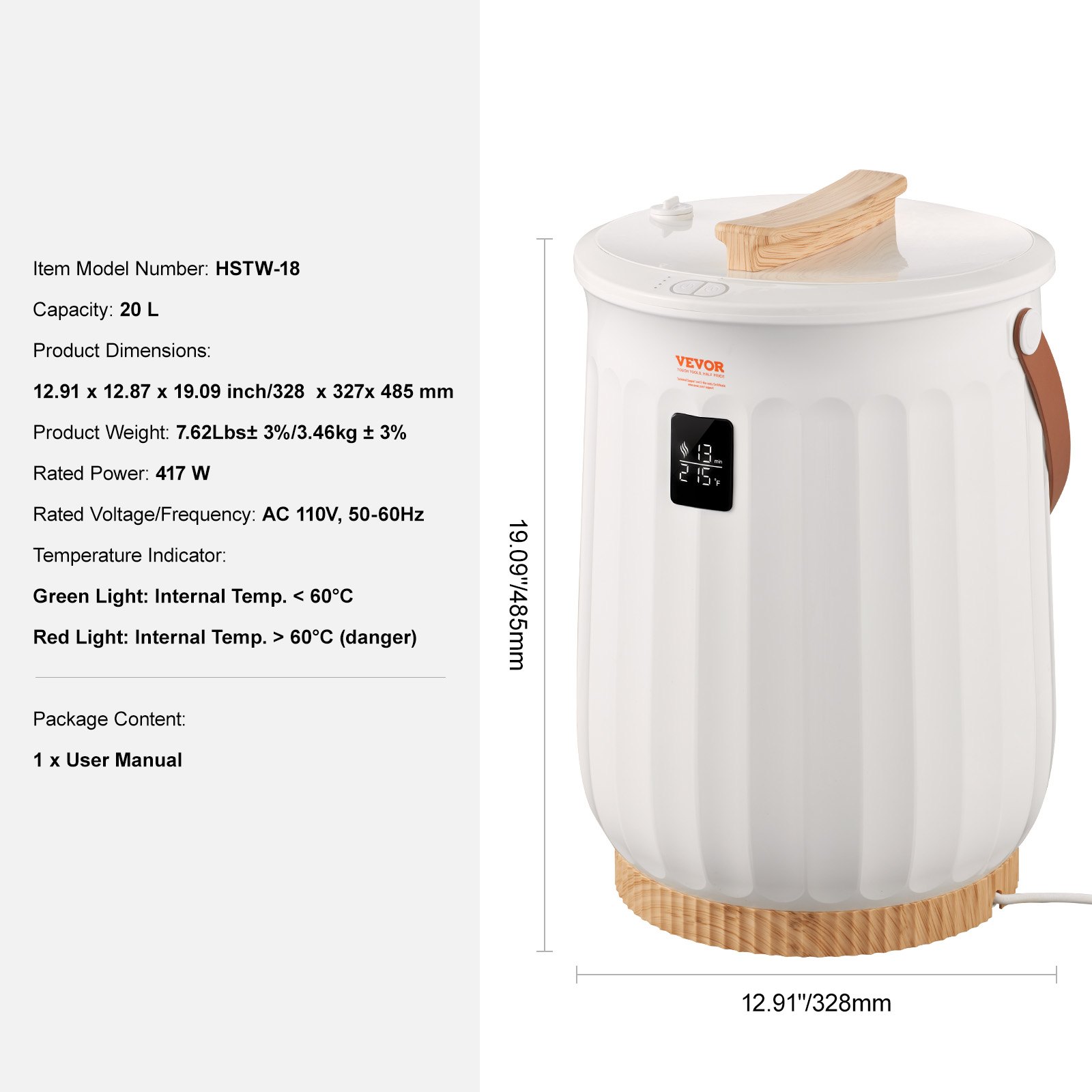 VEVOR Handtuchwärmer Eimer 20L Elektrisch Bucket Style mit LED-Display und Kindersicherung Handtuch Wärmegerät 417W Handtuchwärmer Elektrisch Ideal zum Wärmen von Handtücher Bademäntel Decken