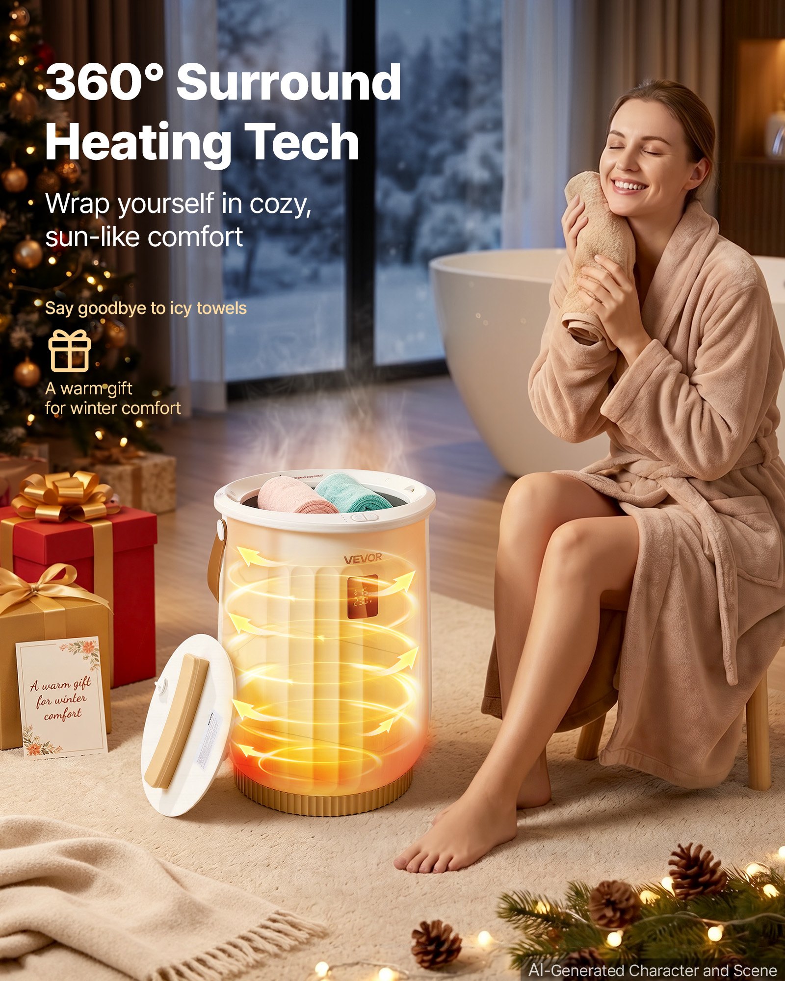 VEVOR Handtuchwärmer Eimer 20 L Heißtuchdampfer Wärmegerät Handtuchheizung, für Handtücher Decken Bademäntel, 4-fach einstellbarer Timer, Holzgriff, Automatische Abschaltung, Eingebaute Aromabox, Weiß