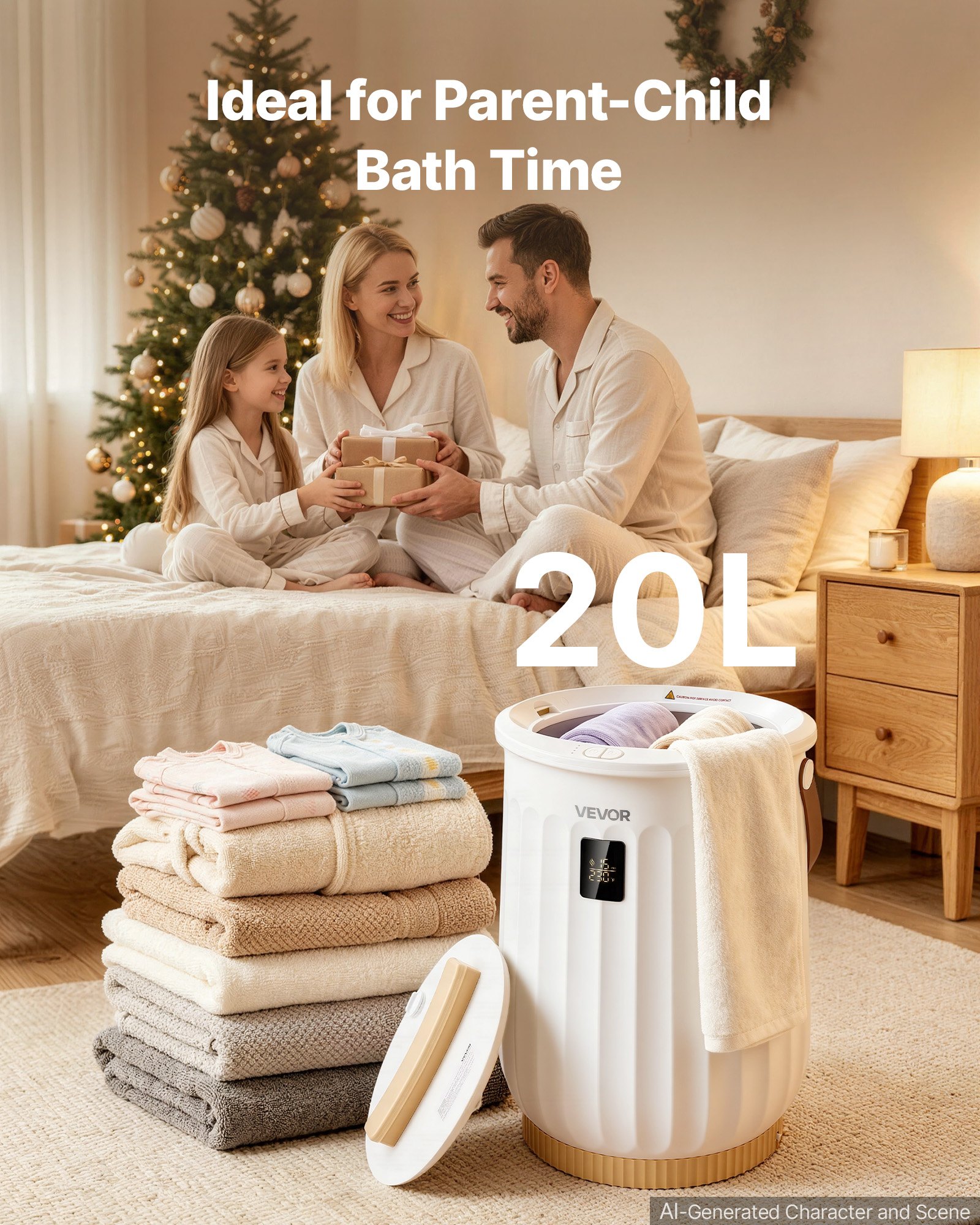 VEVOR Handtuchwärmer Eimer 20 L Heißtuchdampfer Wärmegerät Handtuchheizung, für Handtücher Decken Bademäntel, 4-fach einstellbarer Timer, Holzgriff, Automatische Abschaltung, Eingebaute Aromabox, Weiß